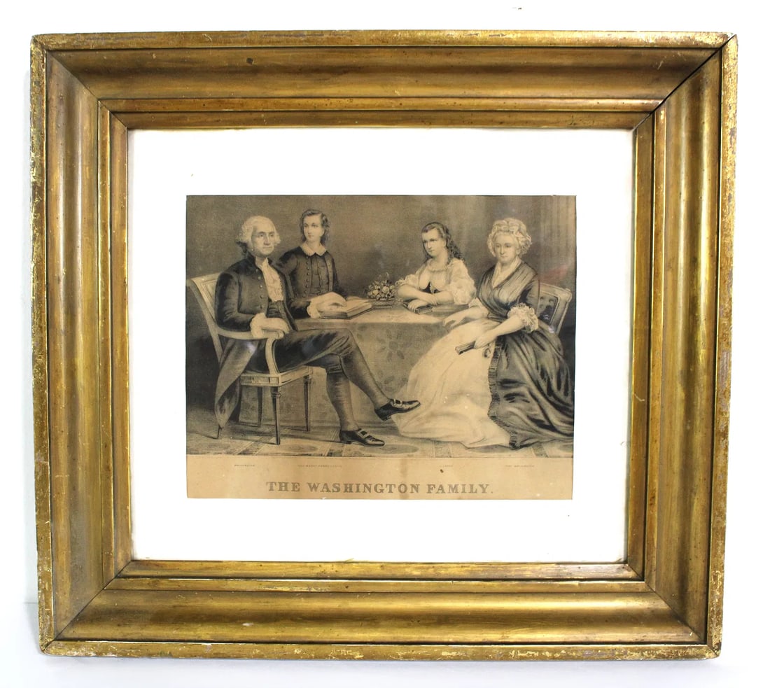 Antique Currier & Ives Print of George Washington & Family - Framed: This item requires third-party shipping or pickup arrangements to be made. Dimensions: 19 x 21 x 2