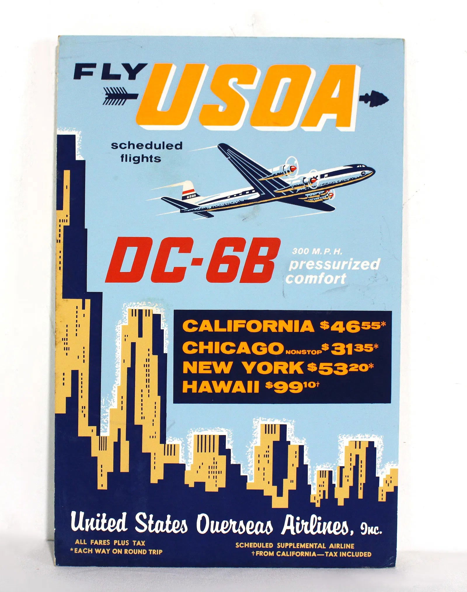 NOS Fly USOA Airline Easelback Advertisement: In-house shipping available. Dimensions: 12 x 8