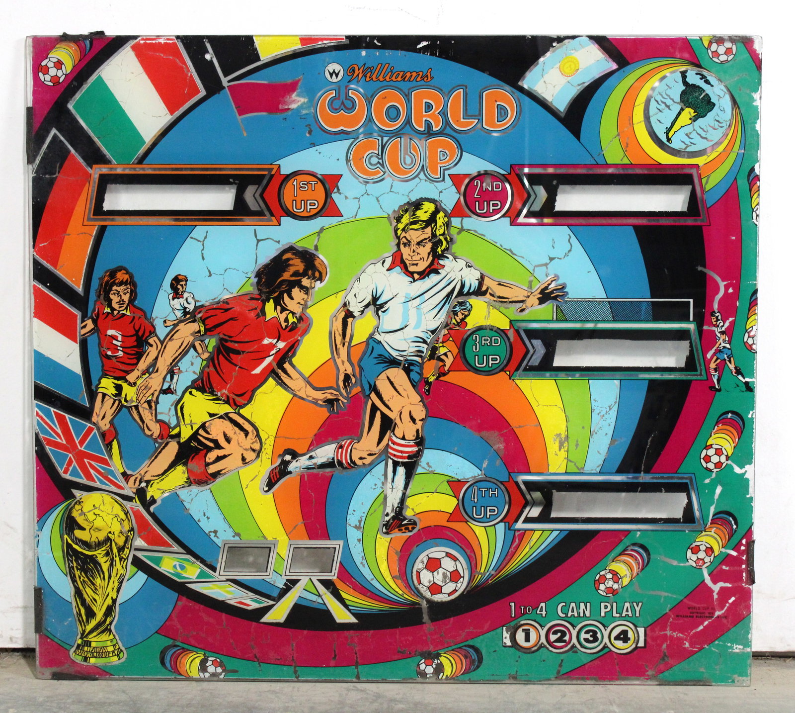 Williams World Cup Soccer Themed Pinball Machine Backglass: This item requires third-party shipping or pickup arrangements to be made.