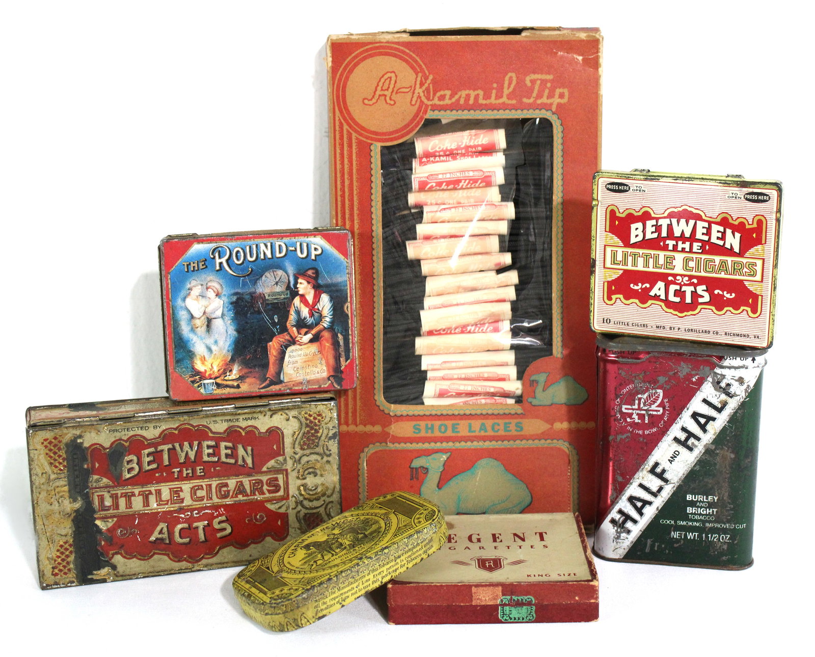 Tobacco Tins incl. The Round Up and A-Kamil Tip Shoe Lace Strings: In-house shipping available.