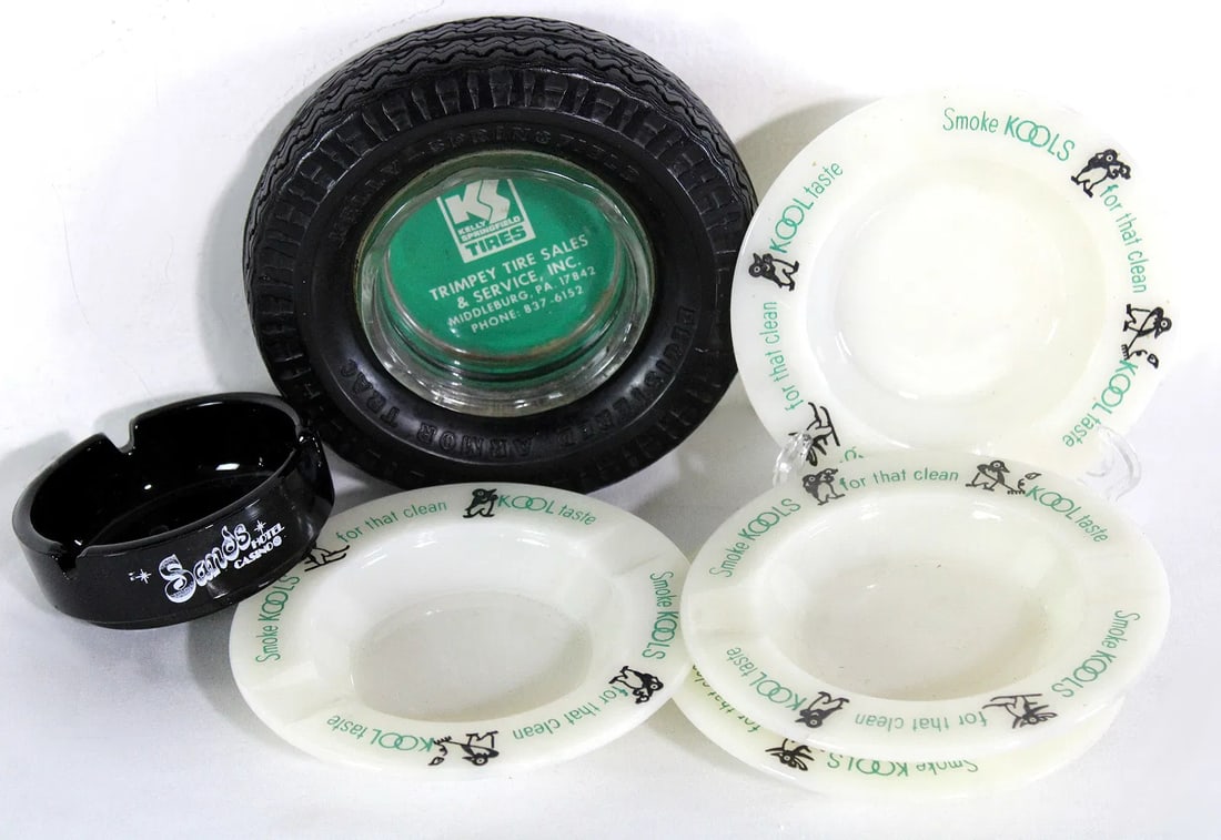 Advertising Ashtrays incl. Kelly Tires, Kool Cigarettes and Sands Hotel & Casino: Total of 6. In-house shipping available.