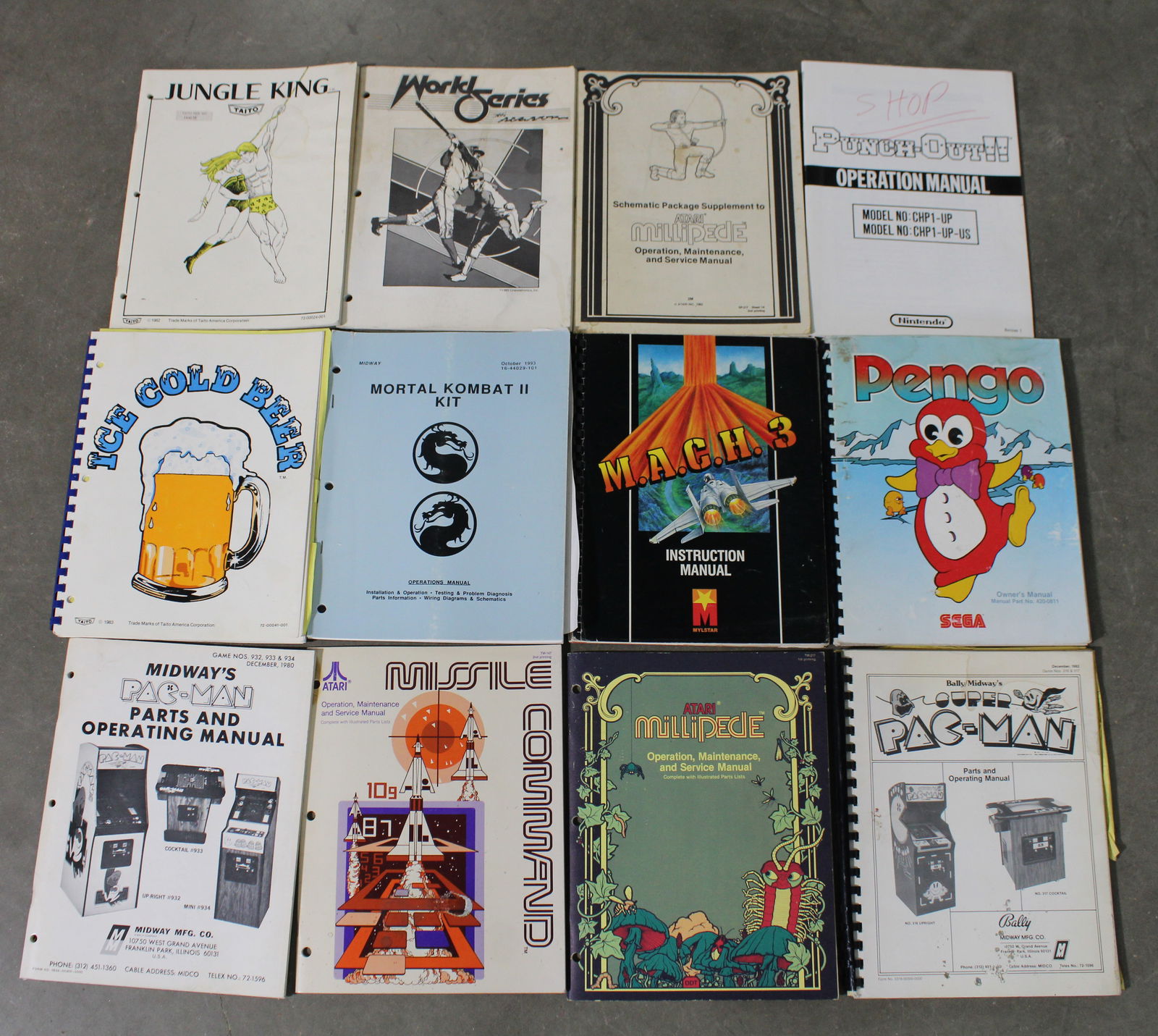 Arcade Game Manuals incl. Millipede, Ice Cold Beer and Pengo: Total of 12. Varying Conditions. In-house shipping available.