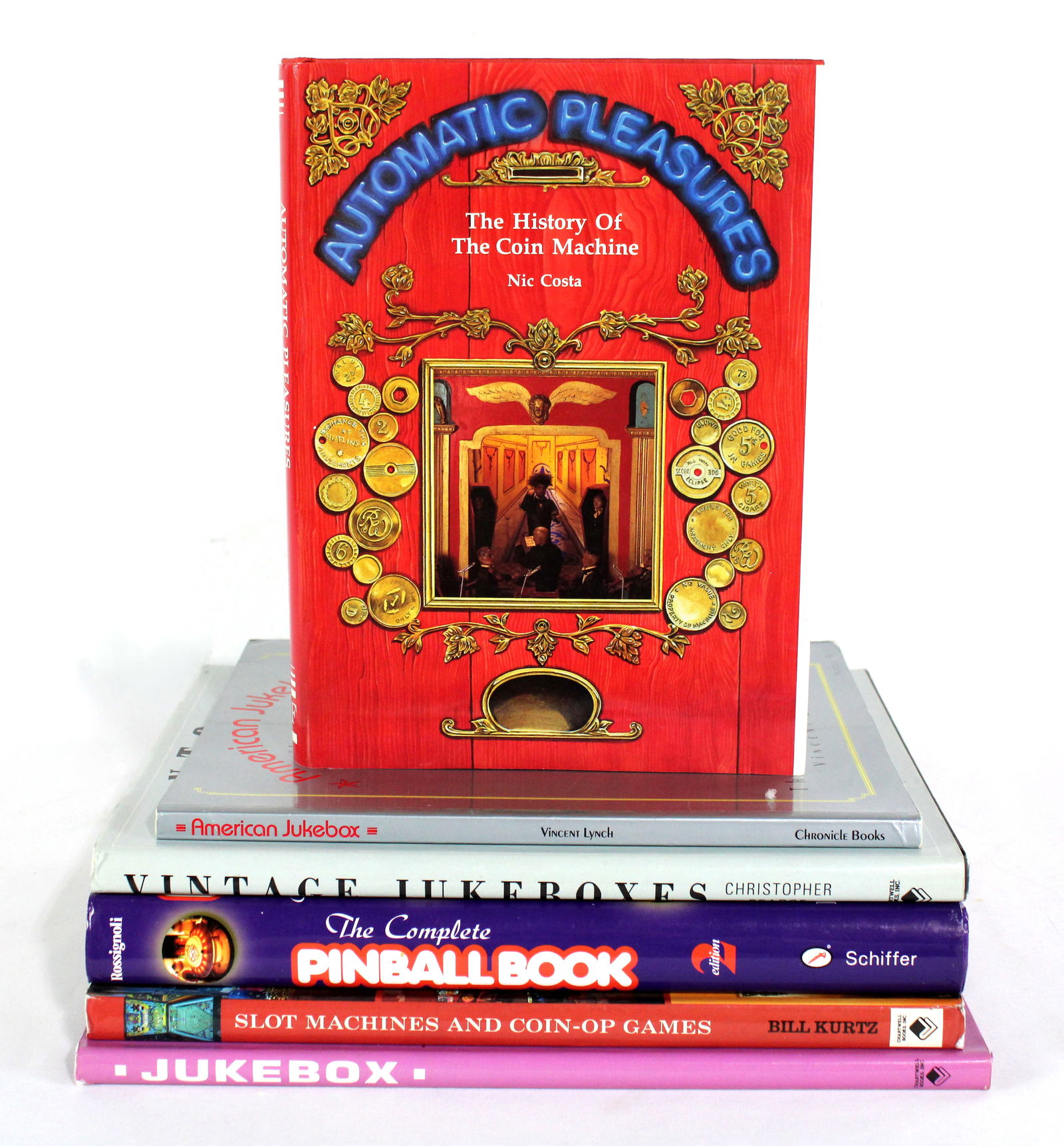 Jukebox, Coin op and Pinball Themed Coffee Table Books: Total of 6. In-house shipping available.