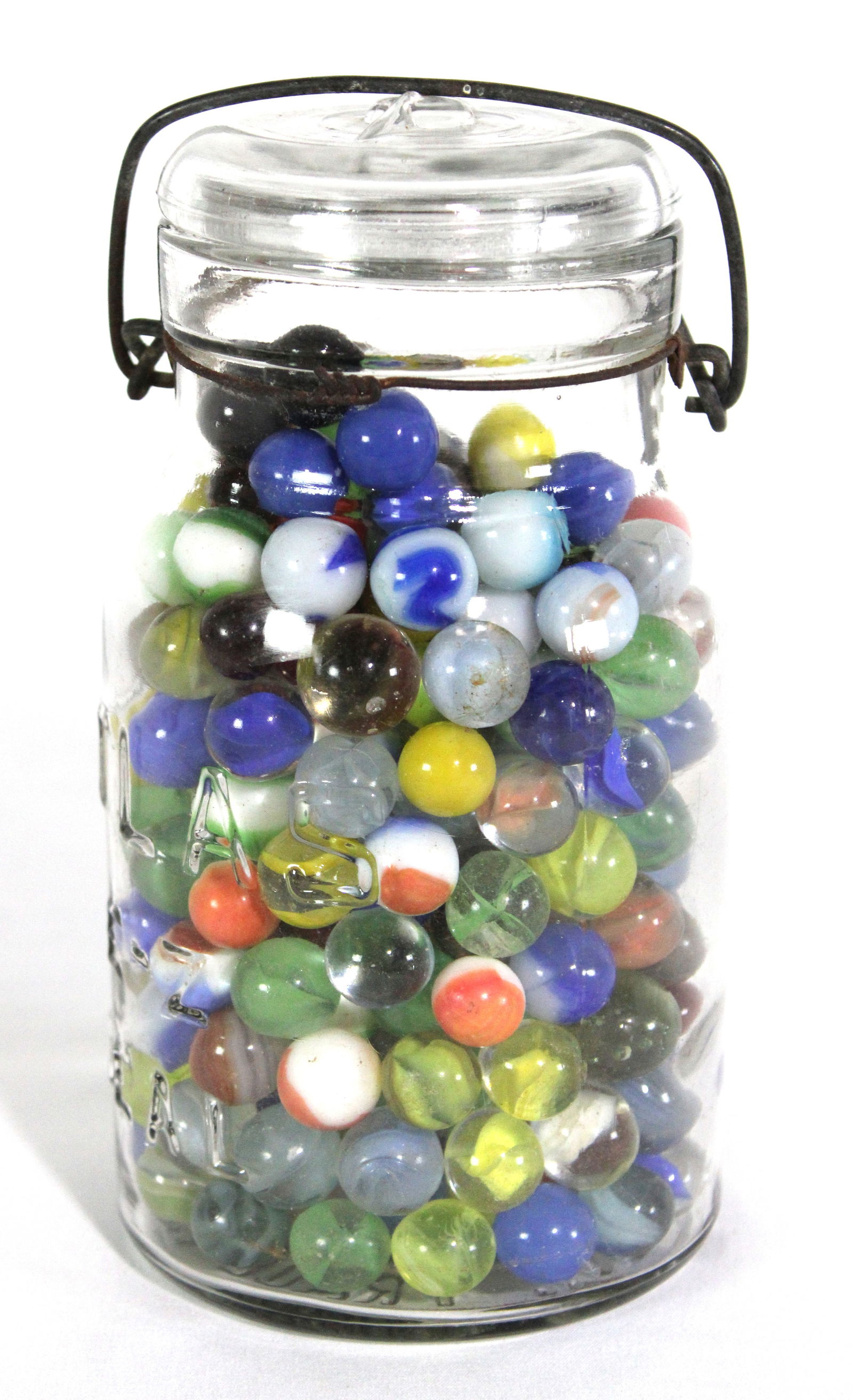 Vintage Ball Jar with Marbles, Some UV: In-house shipping available.