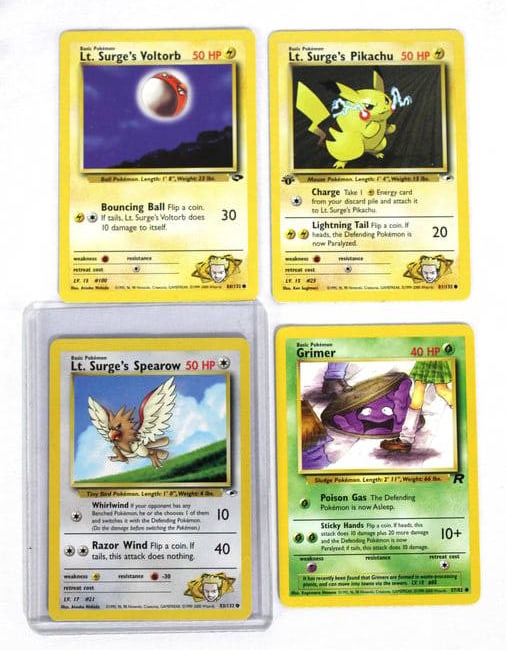 Lt. Surge Pikachu, Voltorb, Spearow and Banned Grimer Pokemon Cards: In-house shipping available.