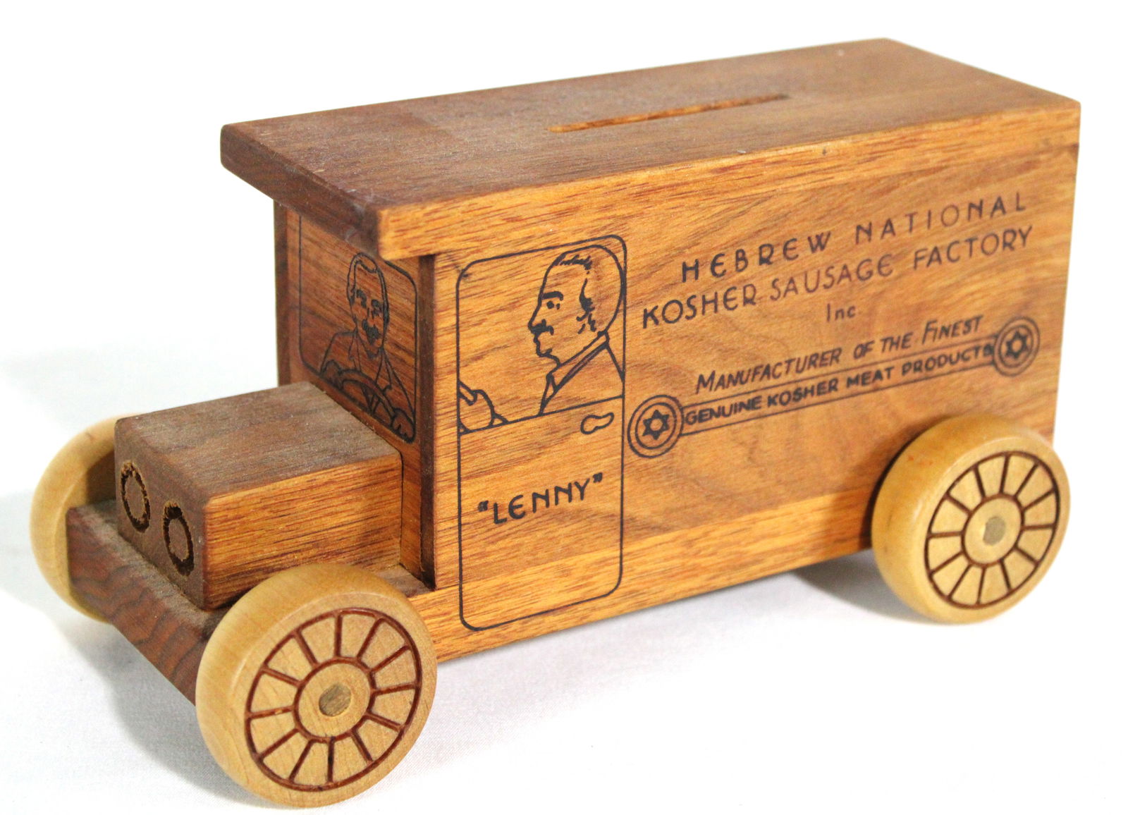 Hebrew National Wooden Advertising Car Bank: In-house shipping available. Dimensions: 4 x 8 x 4