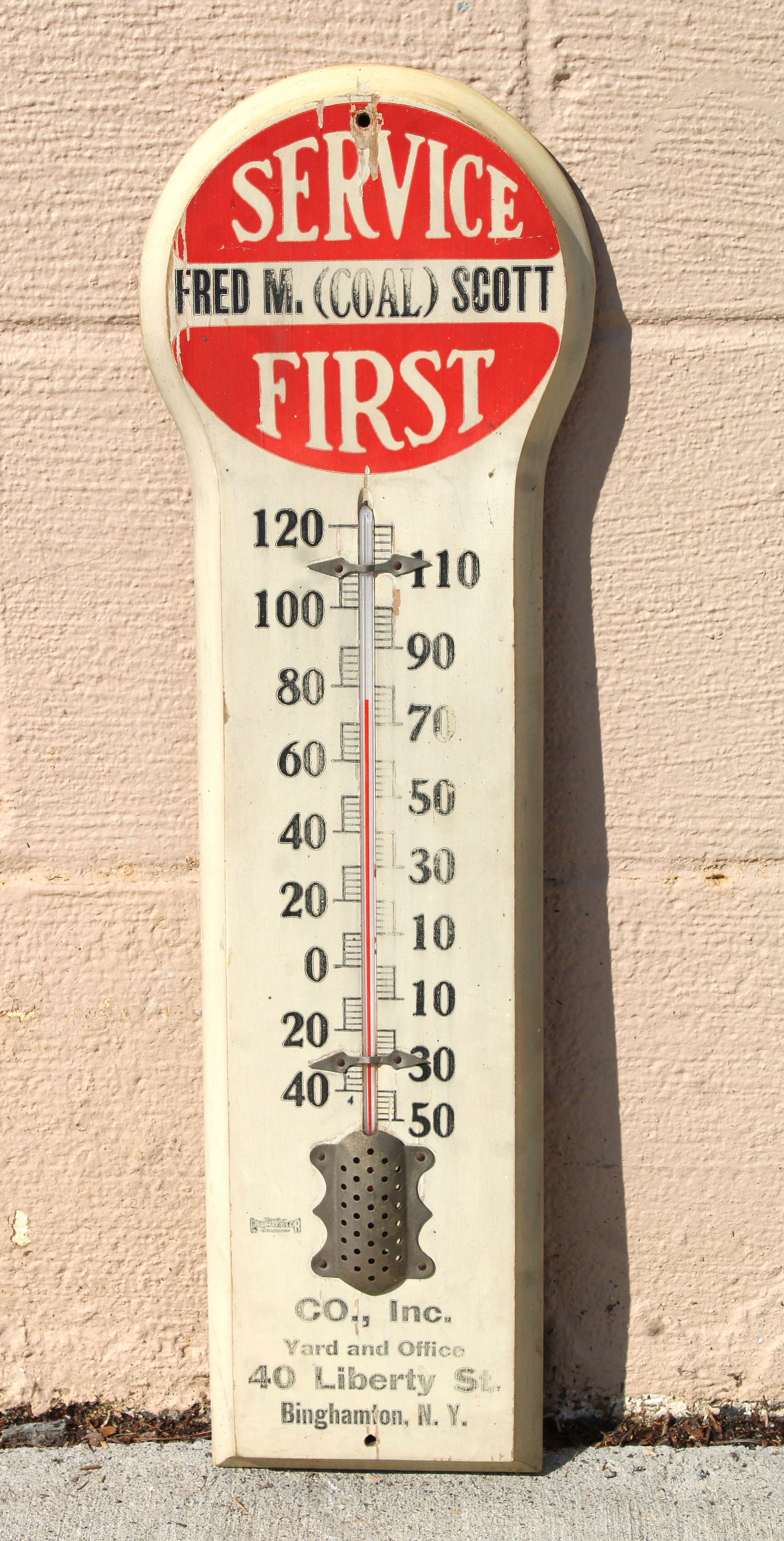 Service First Wooden Thermometer, Binghampton NY: This item requires third-party shipping or pickup arrangements to be made. Dimensions: 21 x 7 x 2
