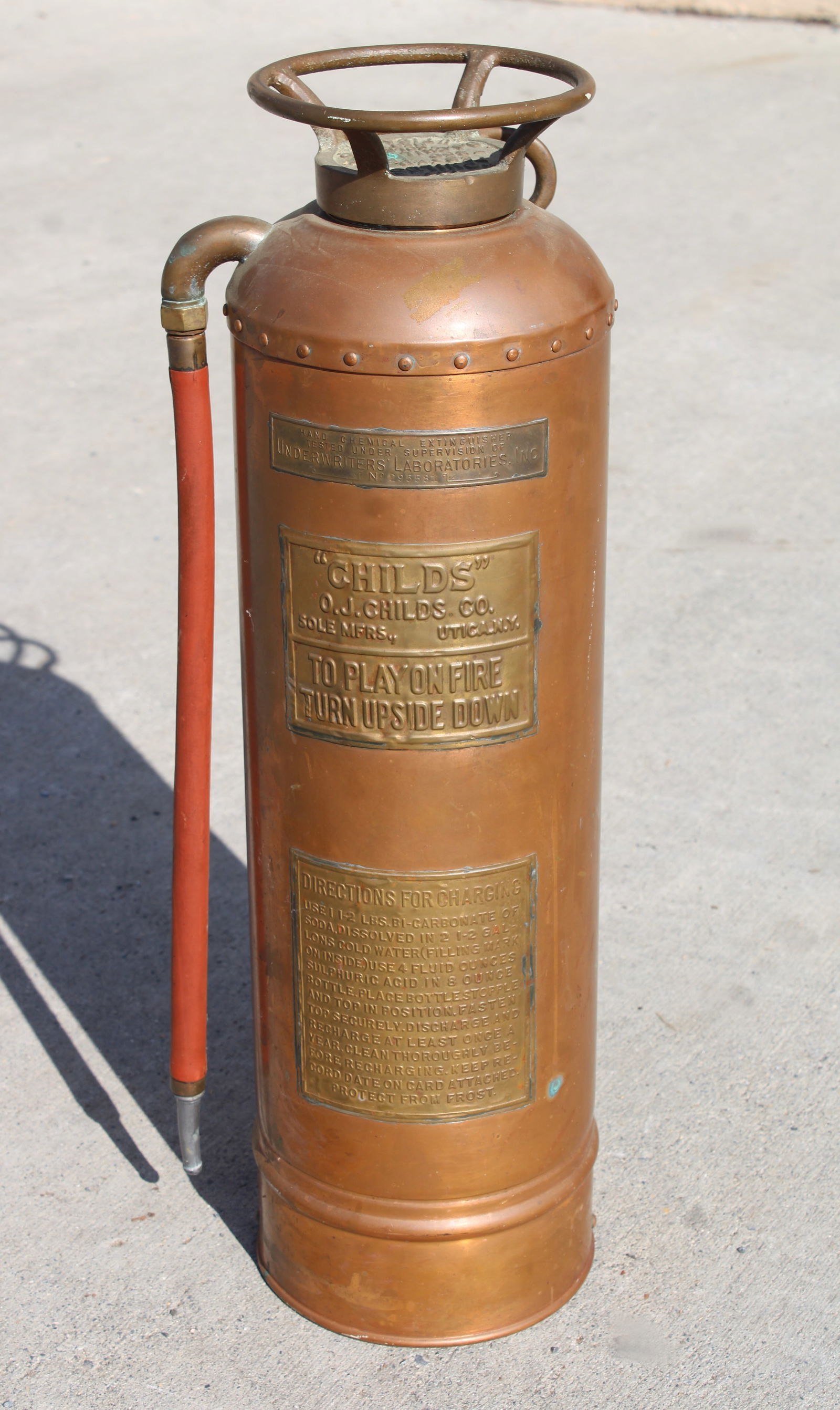 OJ Childs Copper Fire Extinguisher: This item requires third-party shipping or pickup arrangements to be made. Dimensions: 25 x 10 x 8