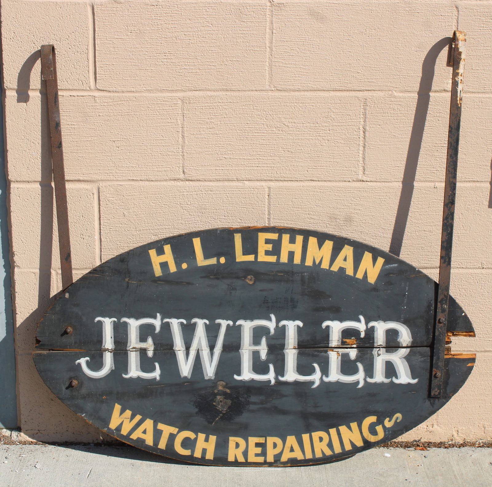 H.L. Lehman Jeweler Wooden Sign, Chambersburg PA: In-house shipping available. Dimensions with hangers: 39 x 40 x 3