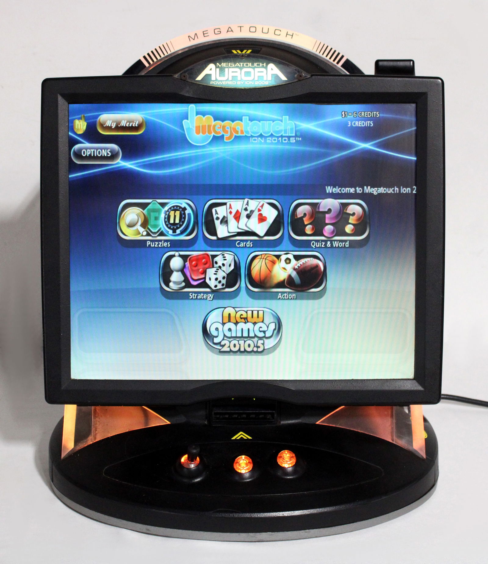 Megatouch Aurora Tabletop Arcade, Includes Photo Hunt: Working. This item requires third-party shipping or pickup arrangements to be made. Dimensions: 21 x 18 x 12