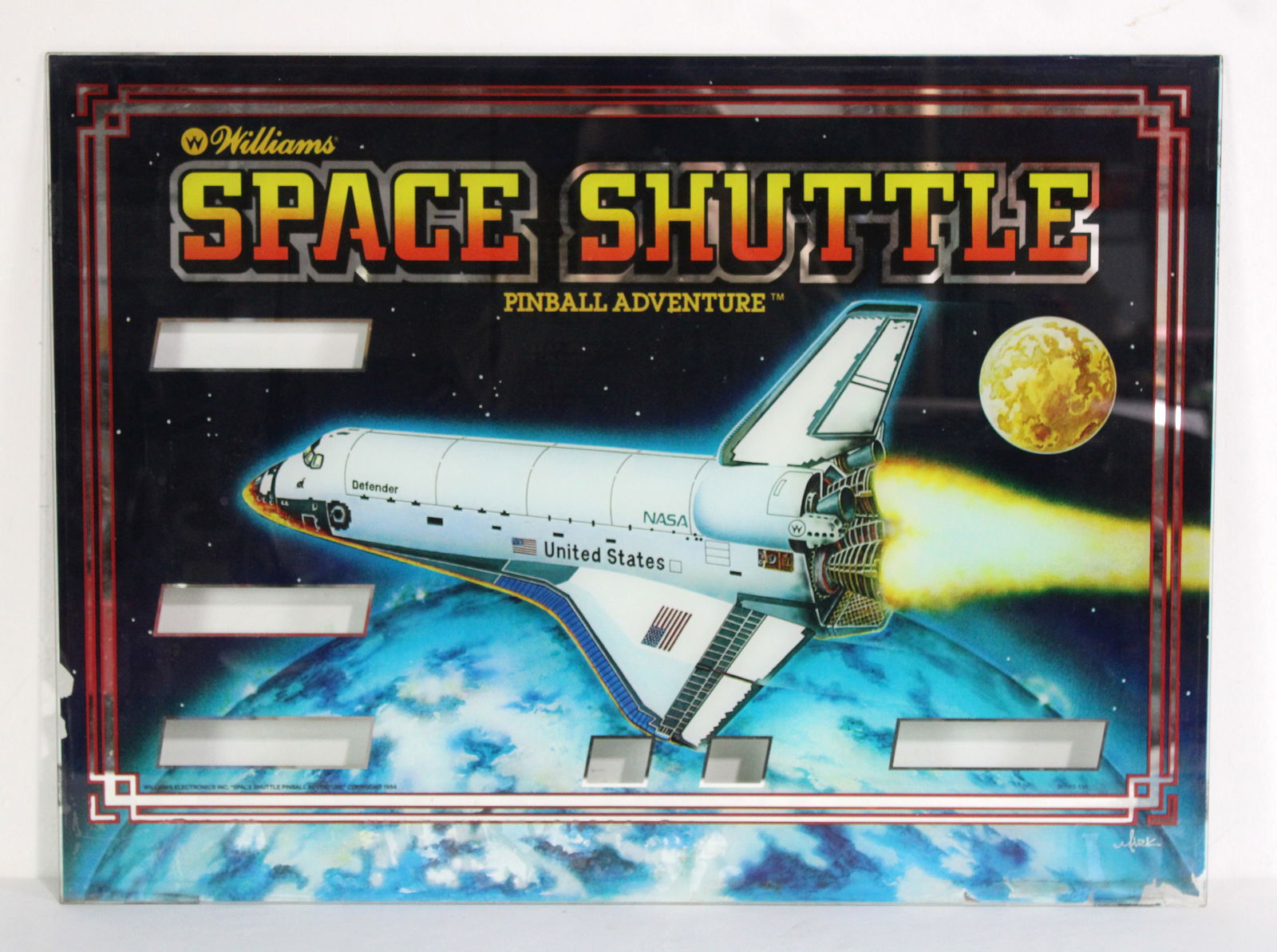 Williams Space Shuttle Pinball Backglass: This item requires third-party shipping or pickup arrangements to be made. Dimensions: 21 x 29