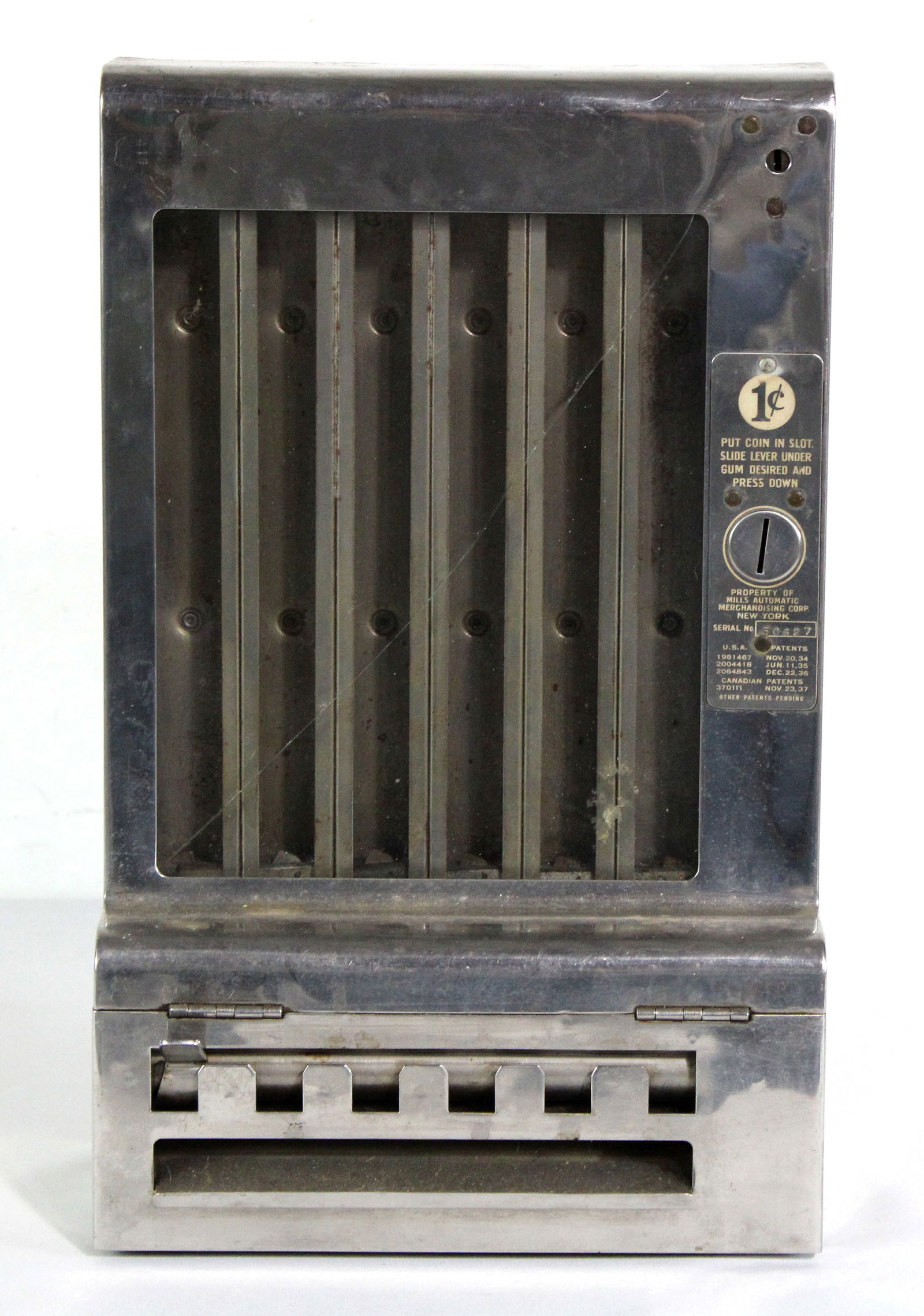 Mills Coin Op Gum Dispenser / Vendor: Front glass cracked. This item requires third-party shipping or pickup arrangements to be made. Dimensions: 16 x 10 x 6