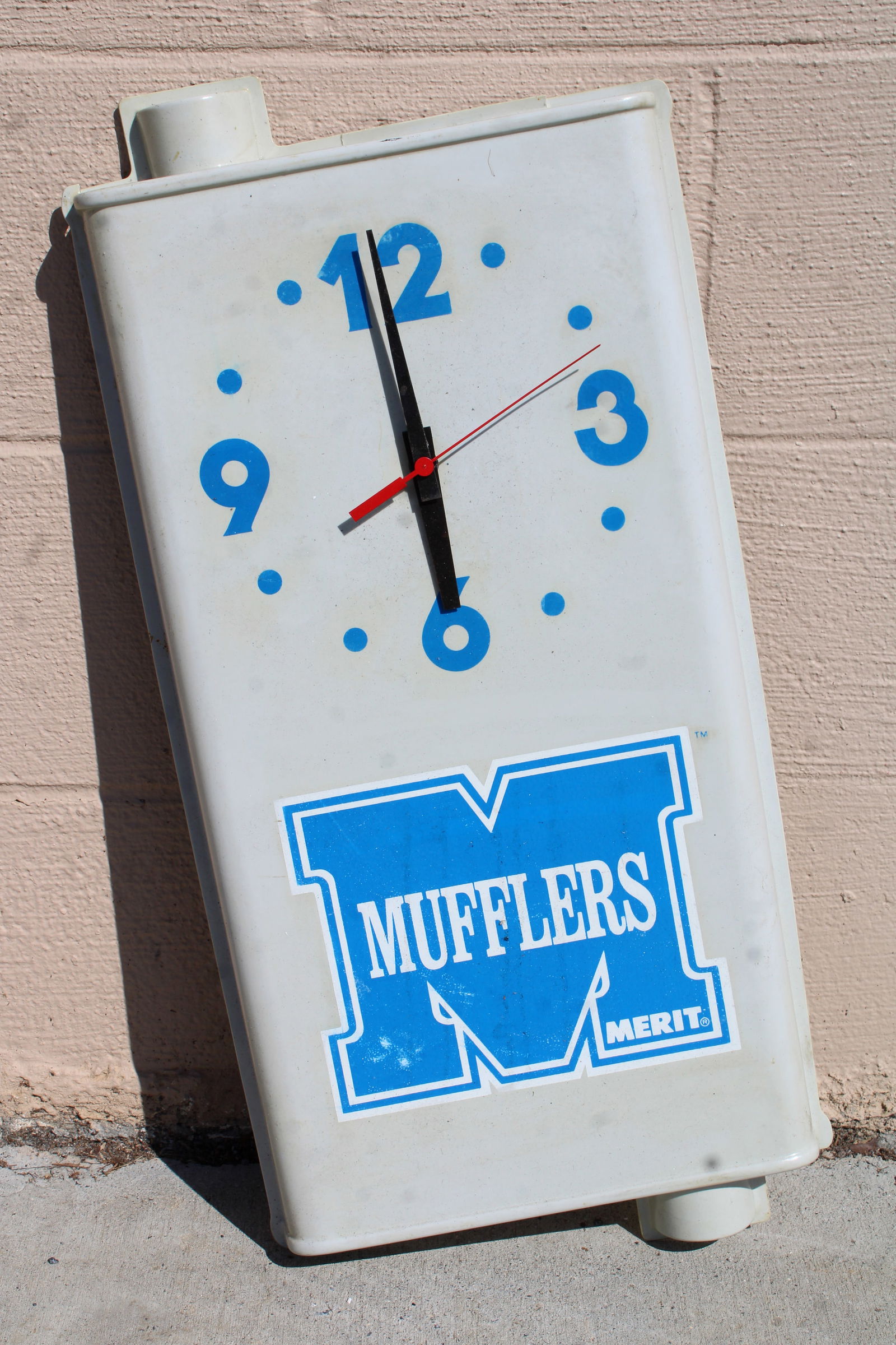Merit Mufflers Automotive Clock: This item requires third-party shipping or pickup arrangements to be made. Dimensions: 27 x 13 x 3