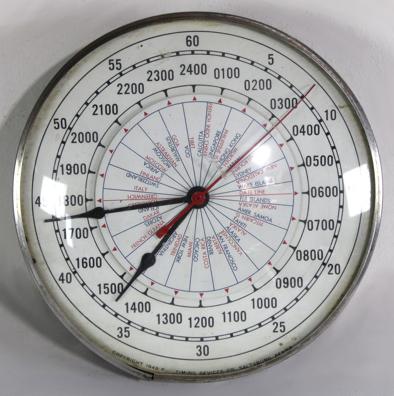 Timing Devices World Clock / Train / Airport, 1949: Glass front. This item requires third-party shipping or pickup arrangements to be made. Dimensions: 11 x 11 x 4
