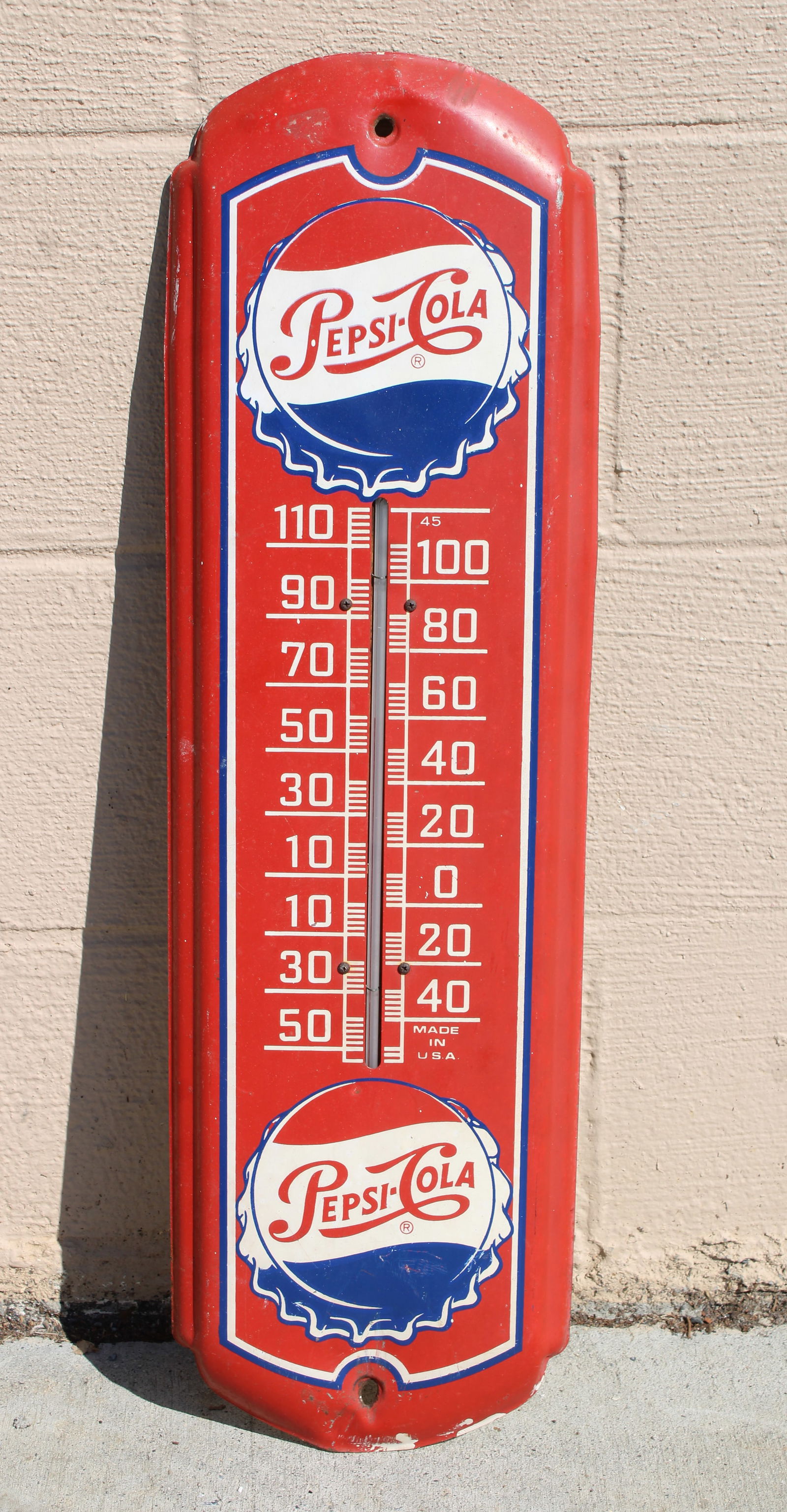 Pepsi Advertising Thermometer: This item requires third-party shipping or pickup arrangements to be made. Dimensions: 28 x 8 x 1