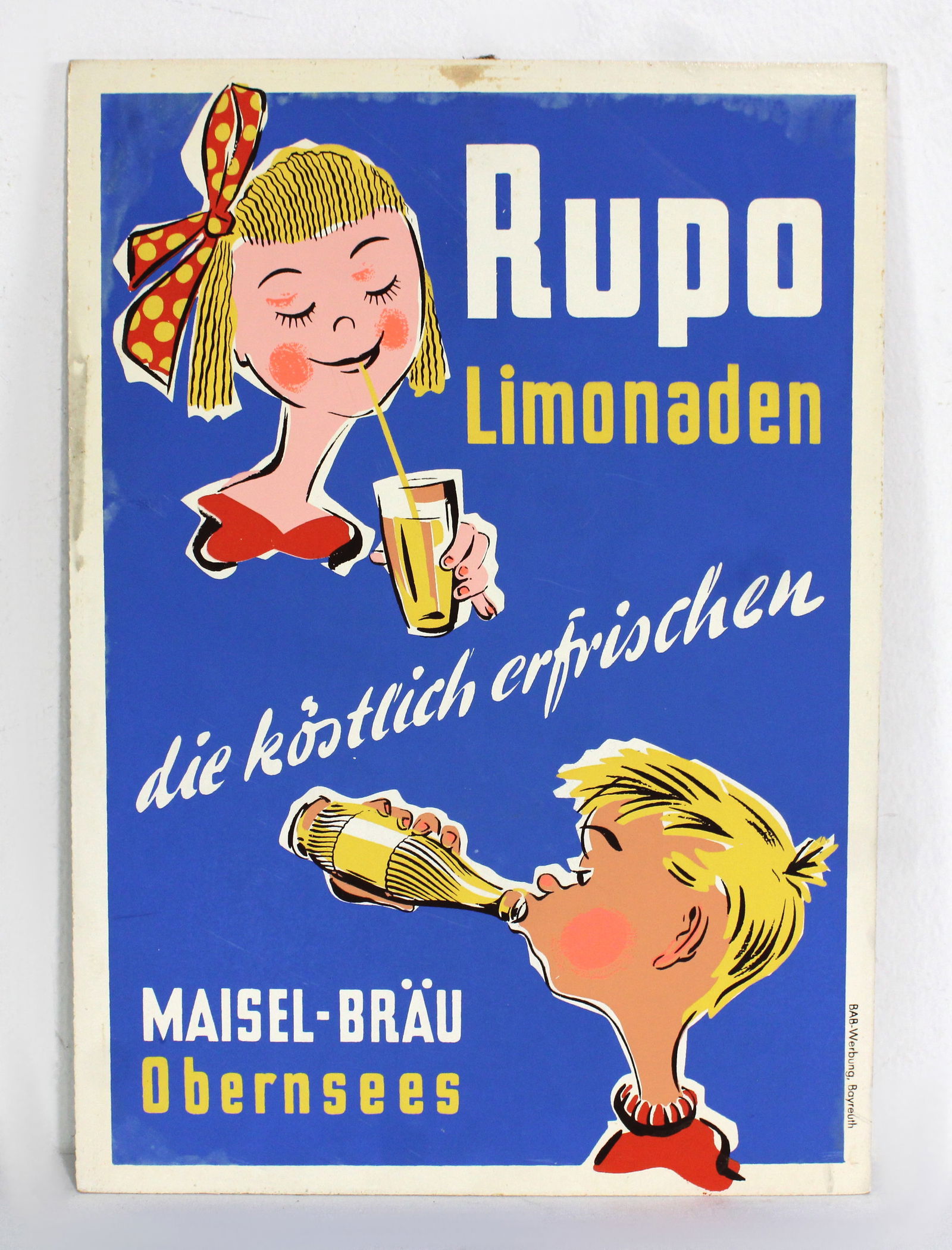 Rupo Lemonade, German Soft Drink Masonite Advertising Sign: In-house shipping available. Dimensions: 16 x 11