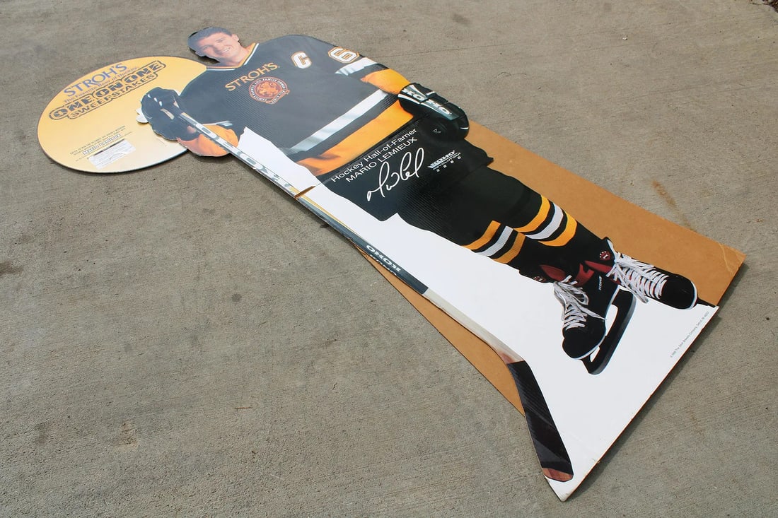 Stroh Beer Mario Lemieux Pittsburgh Penguins Hockey Standee: This item requires third party shipping or pickup arrangements to be made. Dimensions: 76 x 28