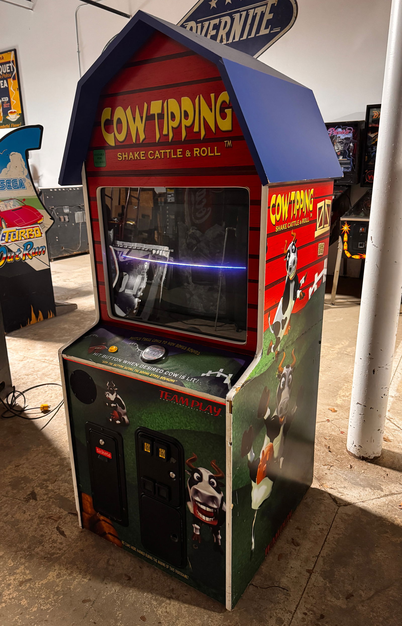 Team Play Cow Tipping Arcade Game: Good working motherboard but monitor needs repaired. This item requires third-party shipping or pickup arrangements to be made.