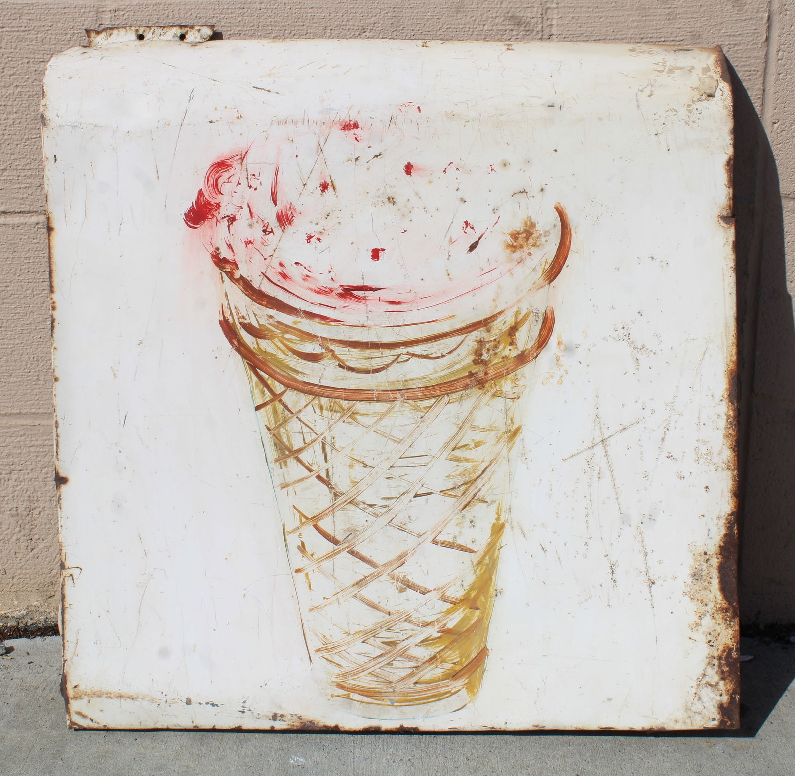 Painted Ice Cream Sign: This item requires third-party shipping or pickup arrangements to be made. Dimensions: 25 x 25 x 3