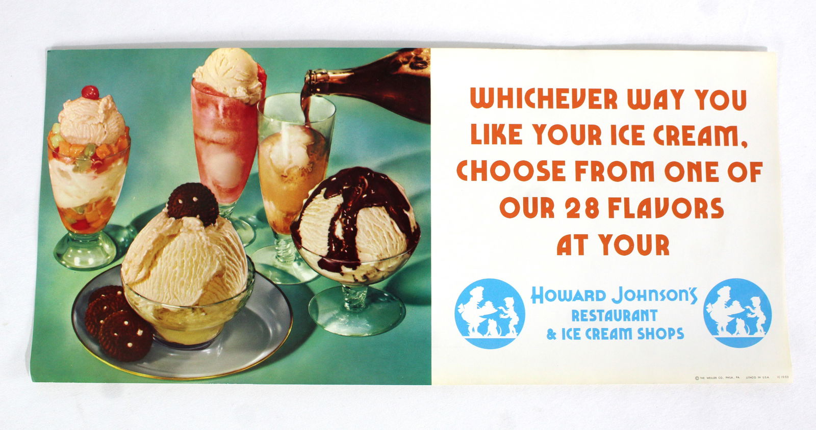 Original Howard Johnson Ice Cream Poster: In-house shipping available. Dimensions: 9 x 20