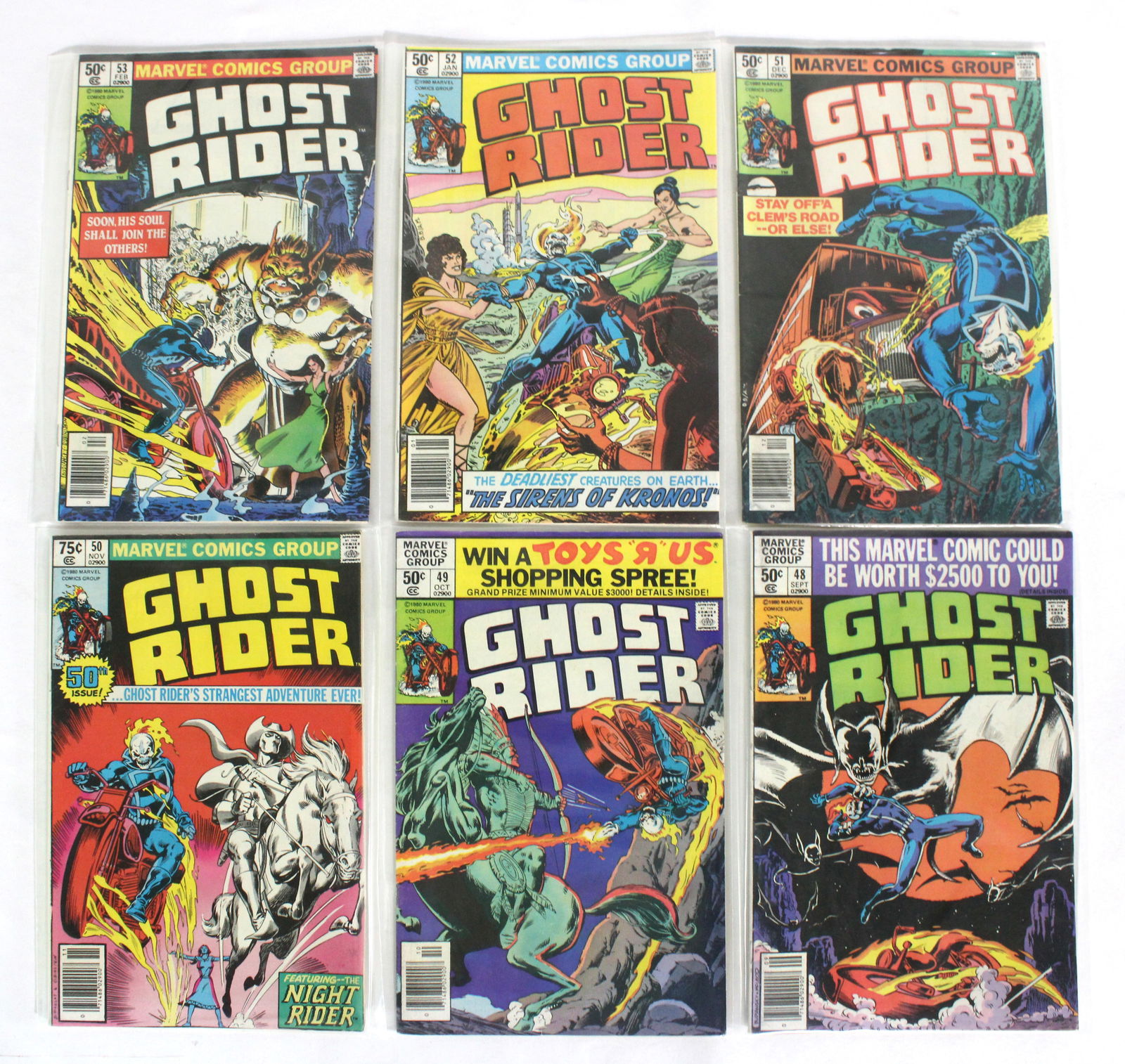 Marvel Comics Ghost Rider Vol. 1, Lot 2: Total of 6 Issues. Includes Issues 48-53. Bagged. Varying conditions. In-house shipping available.