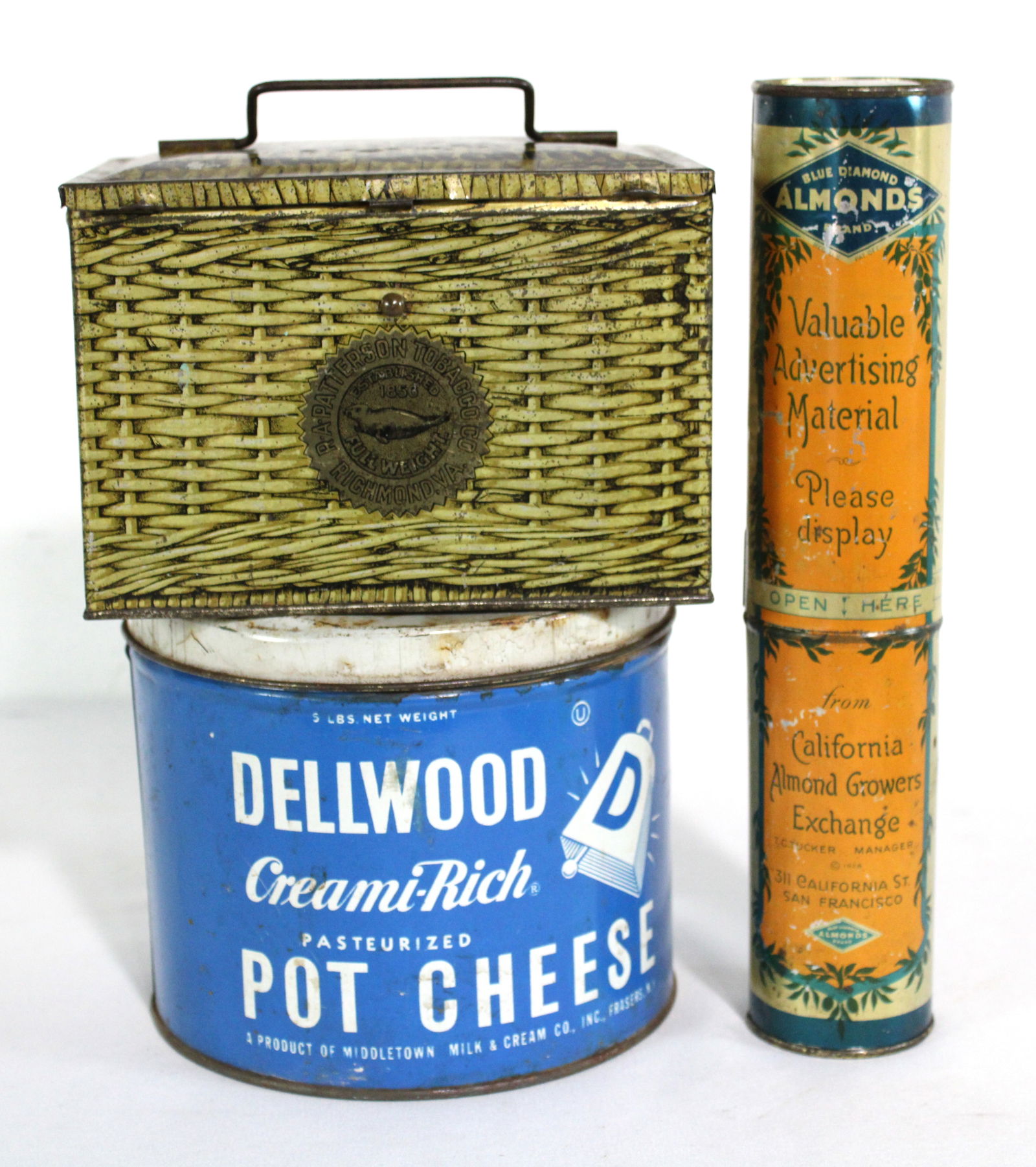 Advertising Tins incl. Patterson Tobacco, Richmond VA: Total of 3. In-house shipping available.