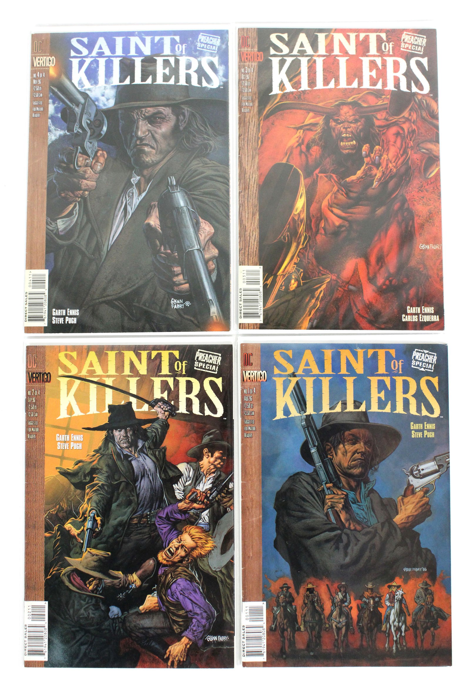 DC Comics/ Vertigo Saint of Killers, Preacher Mini Series, Complete 1-4: By Garth Ennis and Steve Pugh. Total of 4 Issues. Includes Issues 1-4. Bagged and boarded. Varying conditions. In-house shipping available.