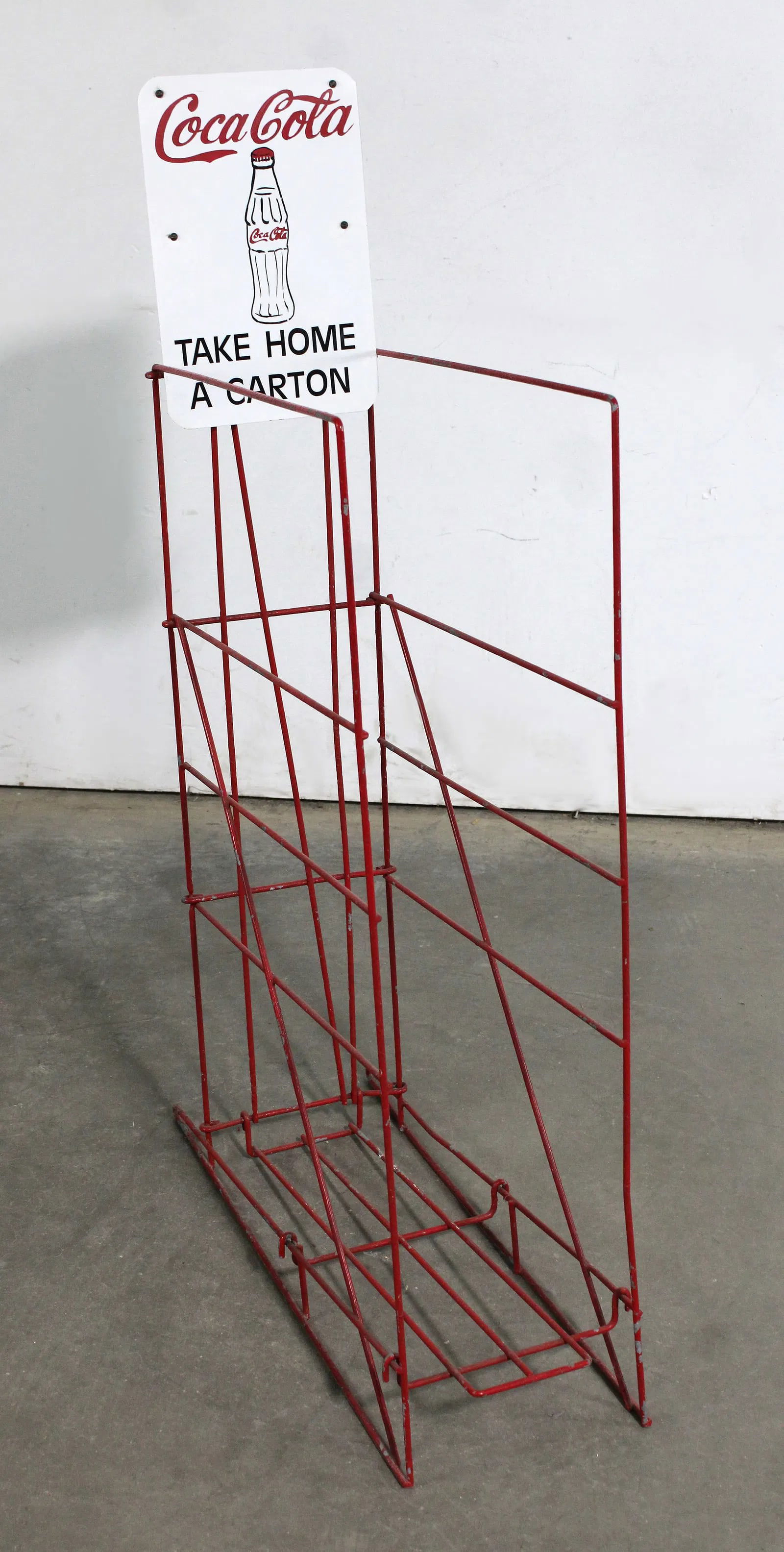 Coca Cola Bottle Rack with Handpainted Top Sign: This item requires third-party shipping or pickup arrangements to be made. Dimensions: 45 x 9 x 23