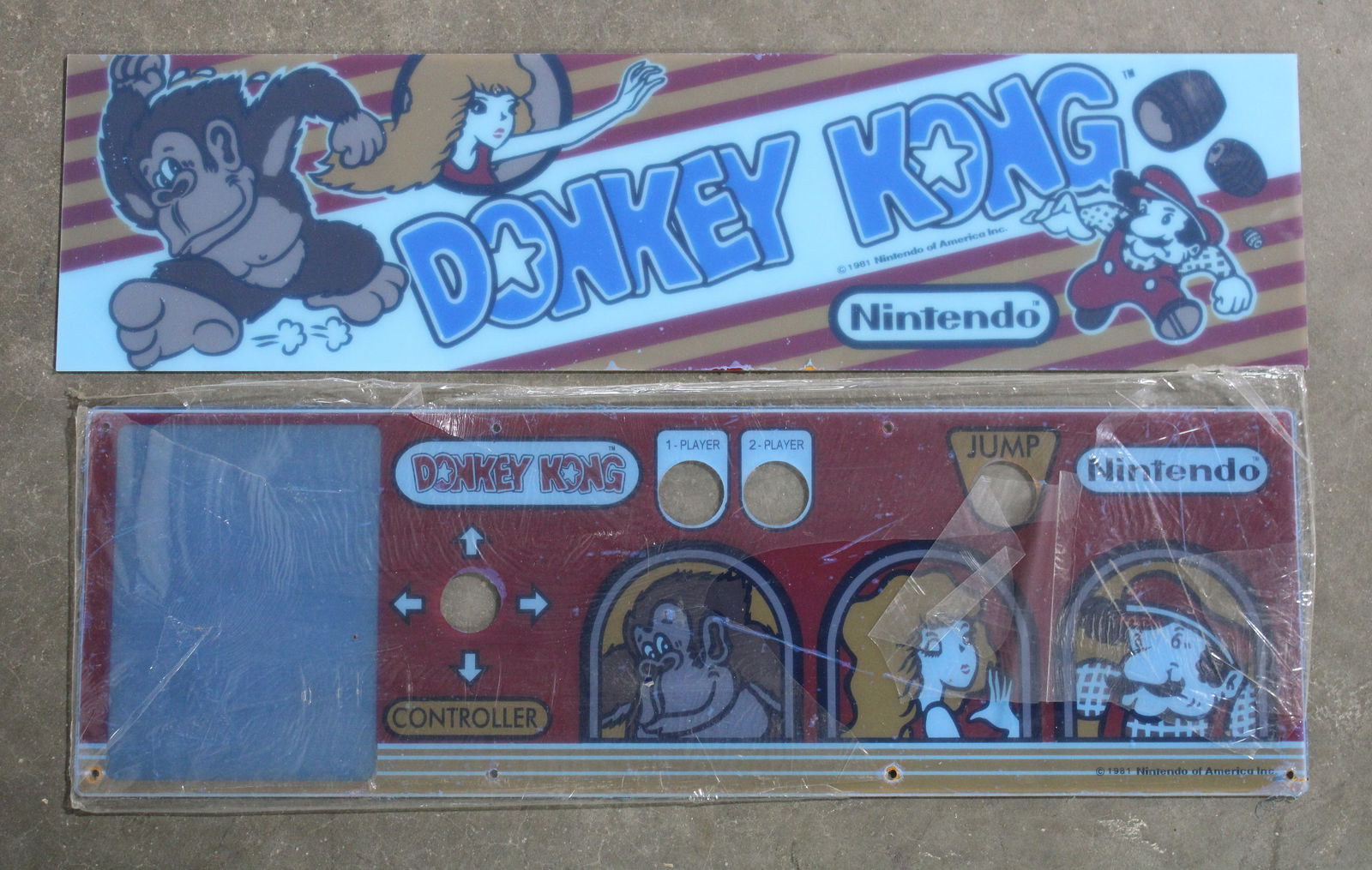 Donkey Kong Arcade Game Header and Control Panel Overlay, Unused: Header is a reproduction. In-house shipping available.