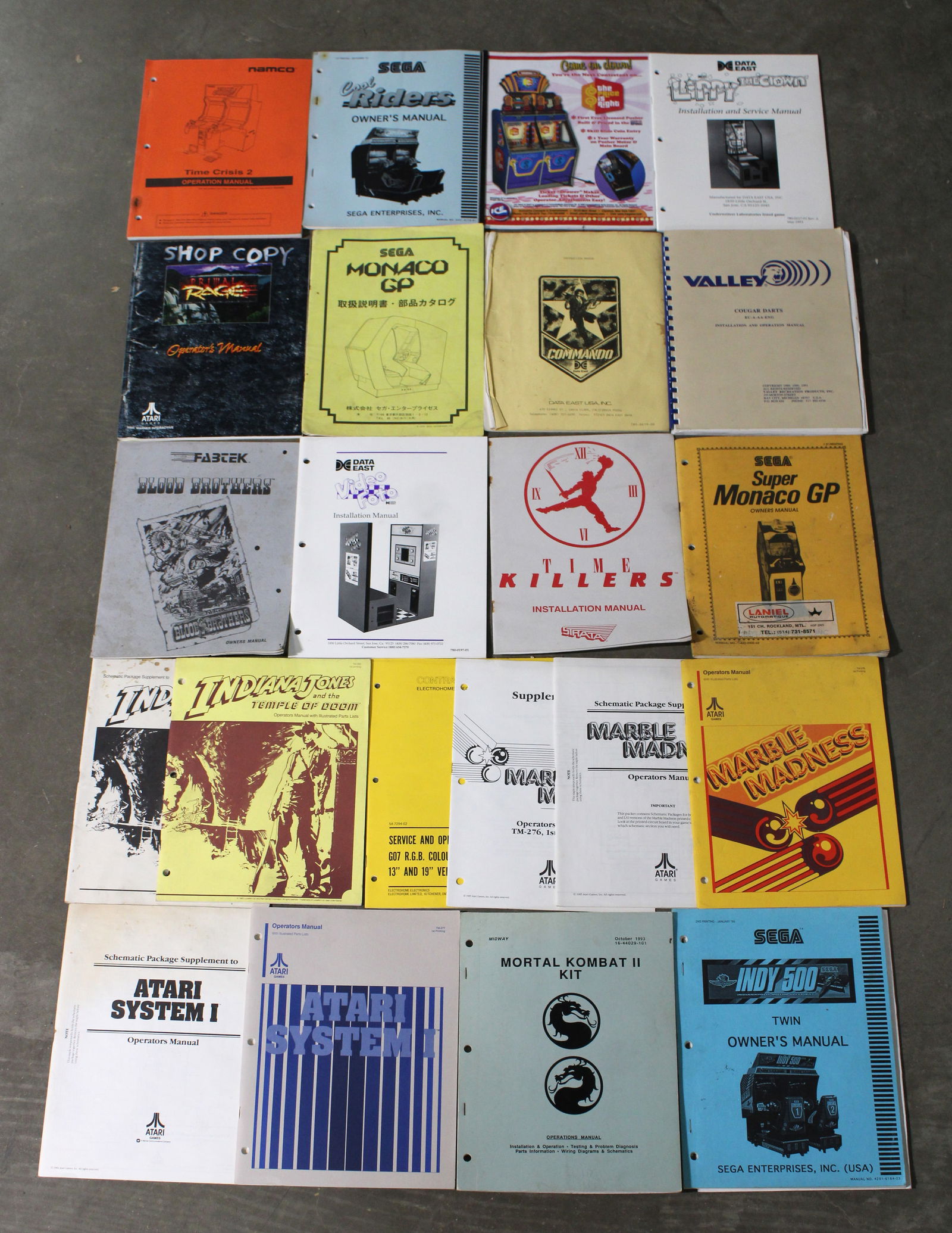 Arcade Manuals incl. Marble Madness, Indiana Jones and Time Killers: Varying conditions. In-house shipping available.