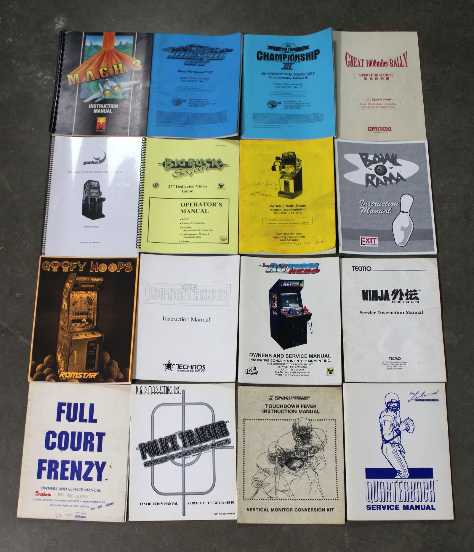 Arcade Manuals incl. Ninja Gaiden, MACH 3, and Combatribes: Total of 16. Varying conditions. In-house shipping available.