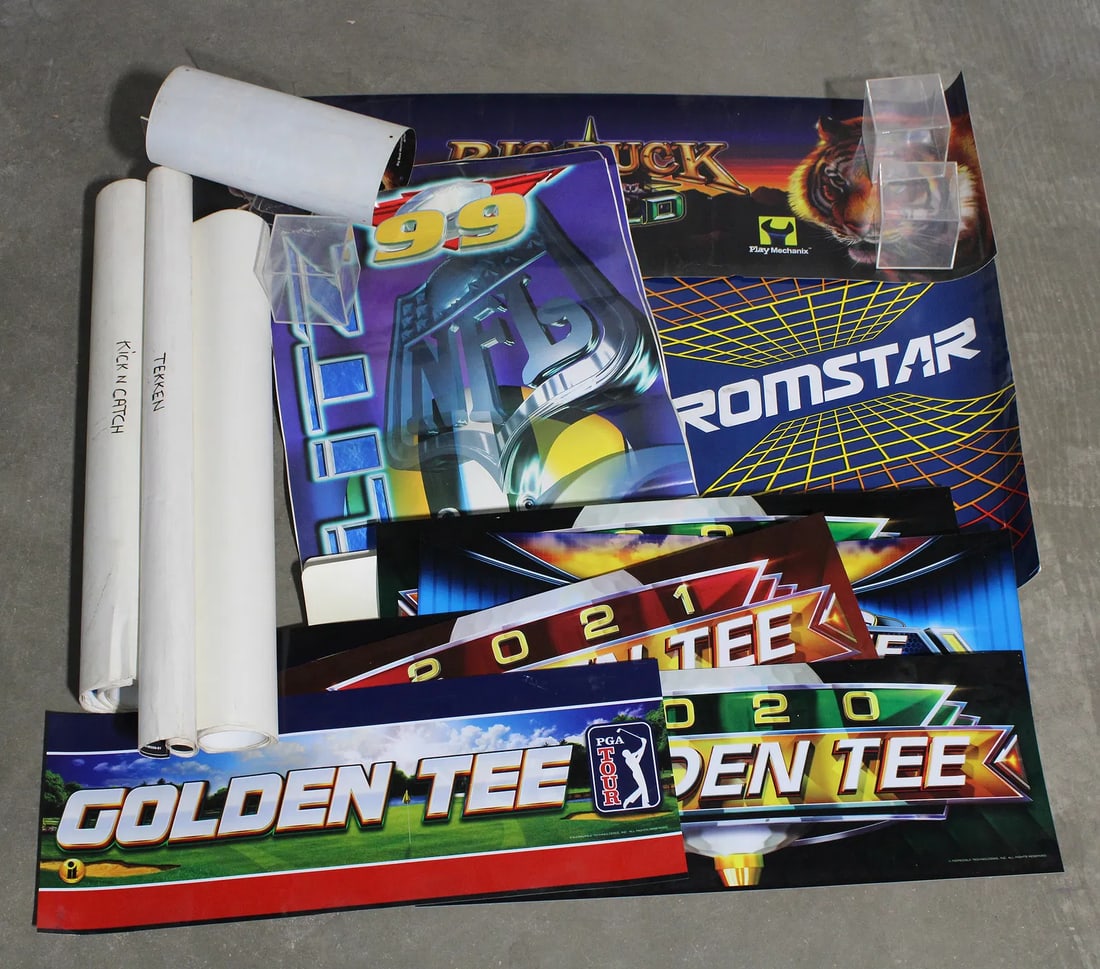 Arcade Side Art incl. Romstar, Blitz 99, Golden Tee and Tekken: Also includes 2 Kick N Catch Panels and Big Buck World Headers. This item requires third-party shipping or pickup arrangements to be made.