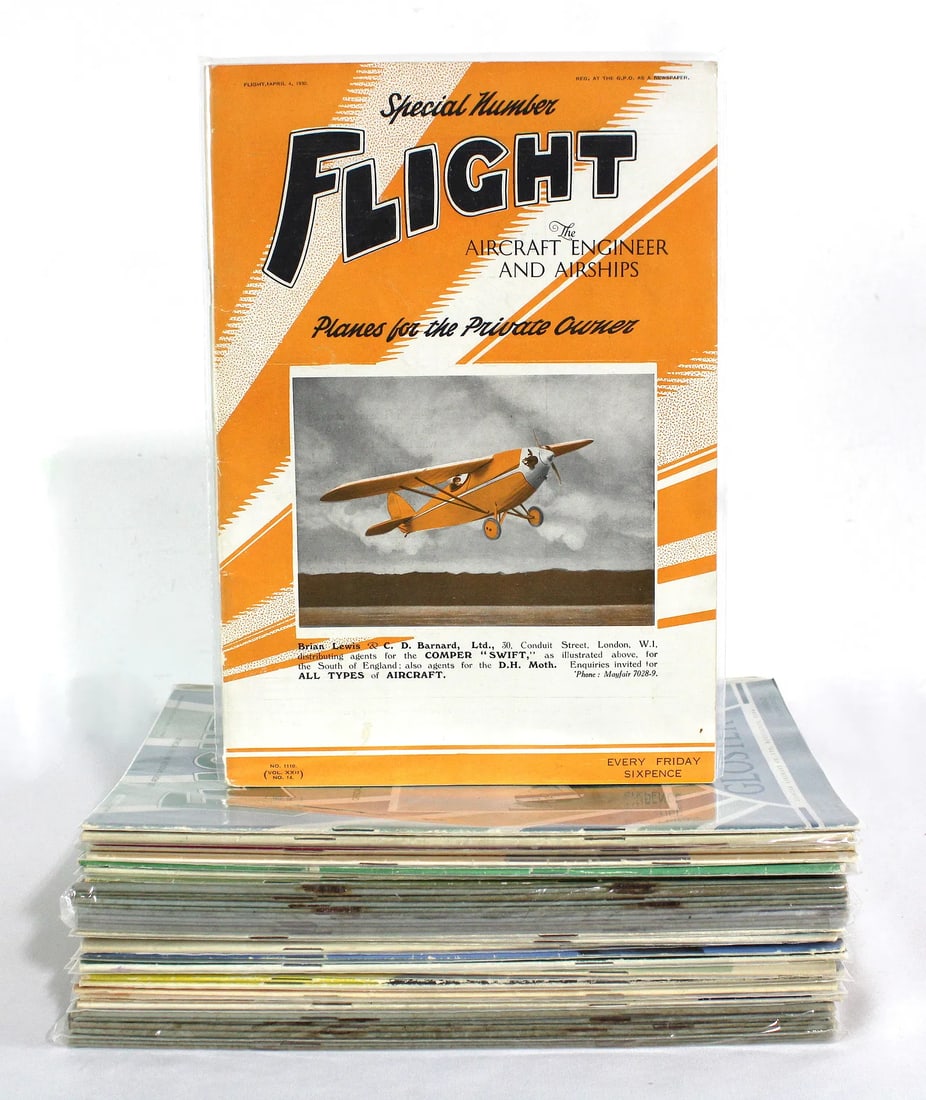 "Flight" Aviation Themed Magazines 60+, 1920-30s: Total of 65. Varying conditions. In-house shipping available.