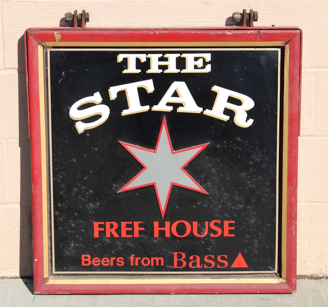 The Star Wooden Hanging Restaurant Sign: This item requires third-party shipping or pickup arrangements to be made. Dimensions: 33 x 31 x 3