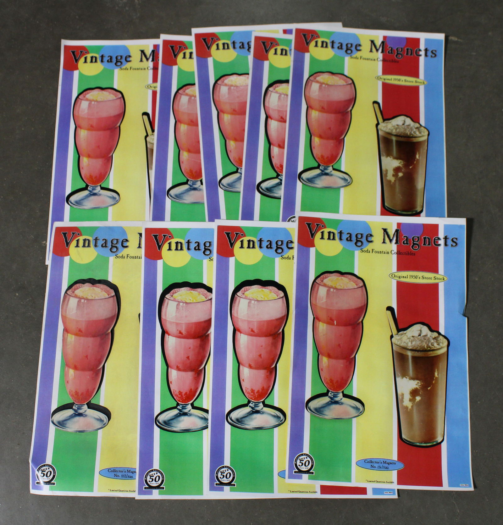 Vintage Soda Fountain Store Stock Magnets: Total of 9. In-house shipping available.