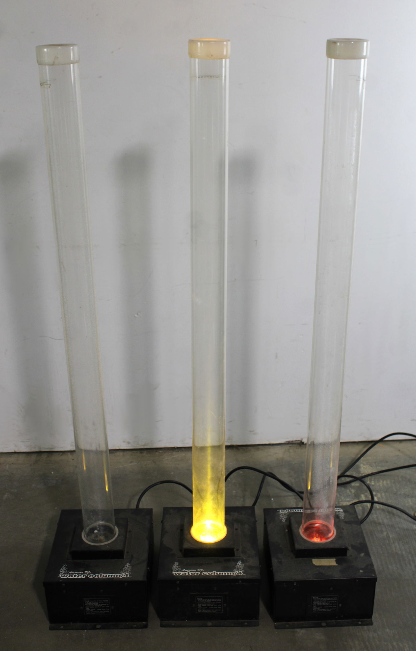 American DJ Water Column Bubblers, DMX-512: Total of 3. Powers on, not otherwise tested, but believed to be working. This item requires third-party shipping or pickup arrangements to be made. Dimensions of one: 54 x 10 x 12
