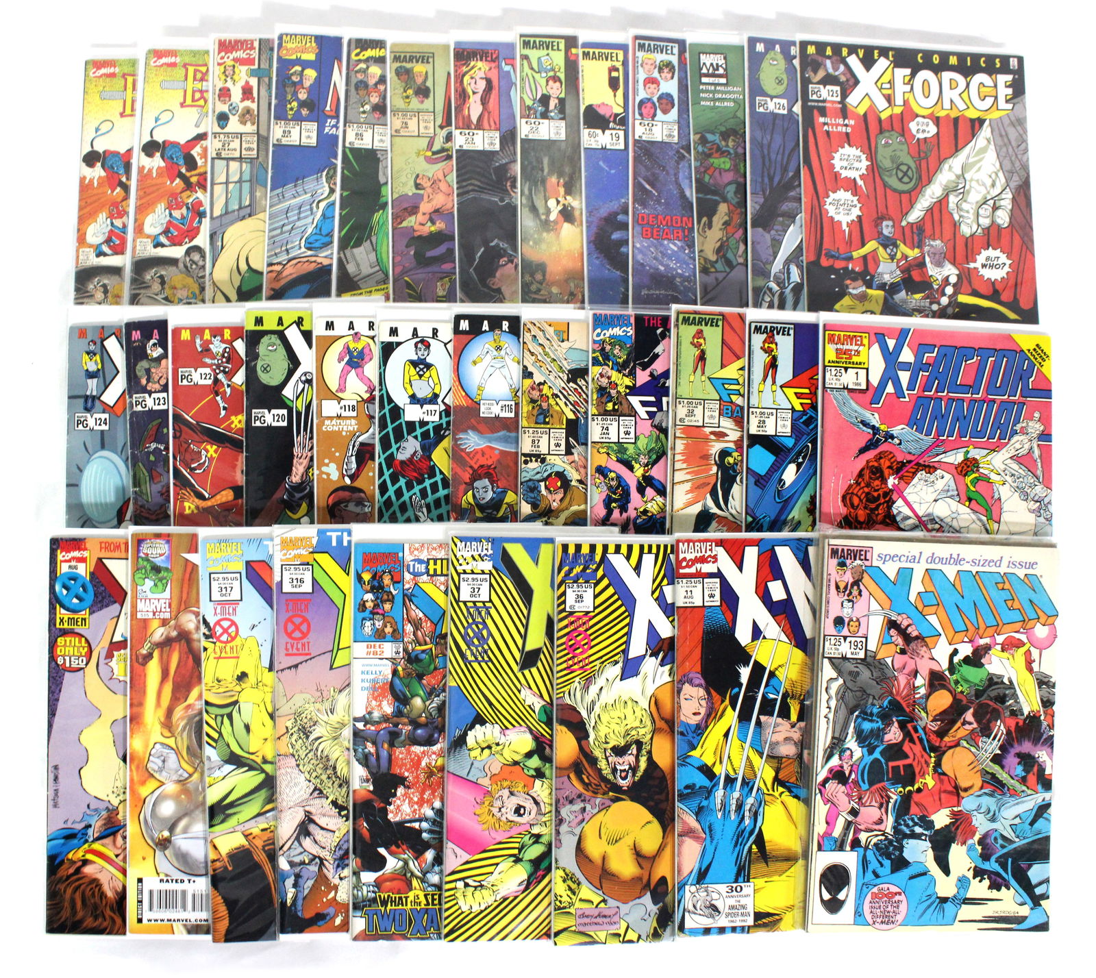 Marvel Comics X-Men Mix Lot incl. X-Factor & X-Force: Total of 34 Issues. Assorted issues. Bagged and Boarded. Varying conditions. In-house shipping available.