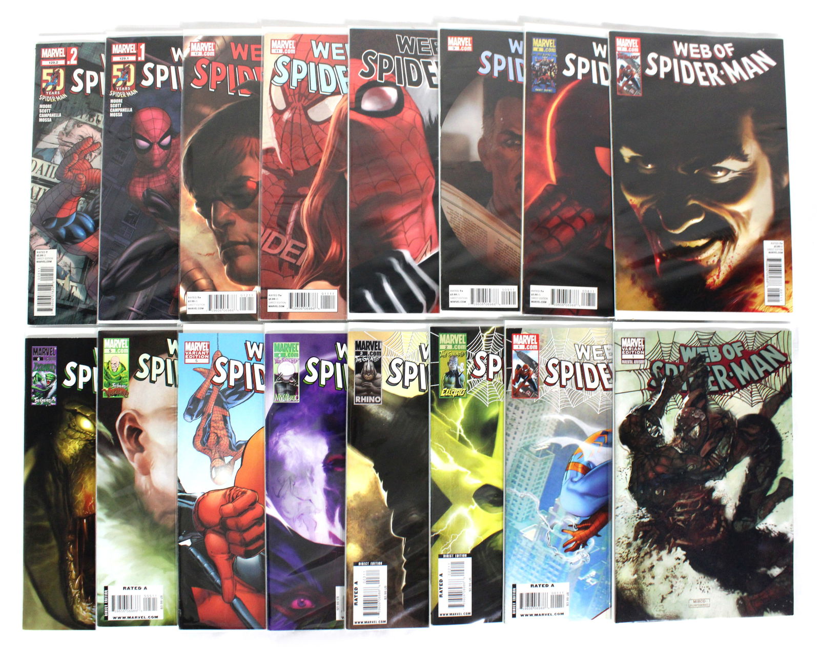 Marvel Comics Web of Spiderman Issues 1-12 with Variants: Total of 16 Issues. Assorted issues. Bagged and Boarded. Varying conditions. In-house shipping available.