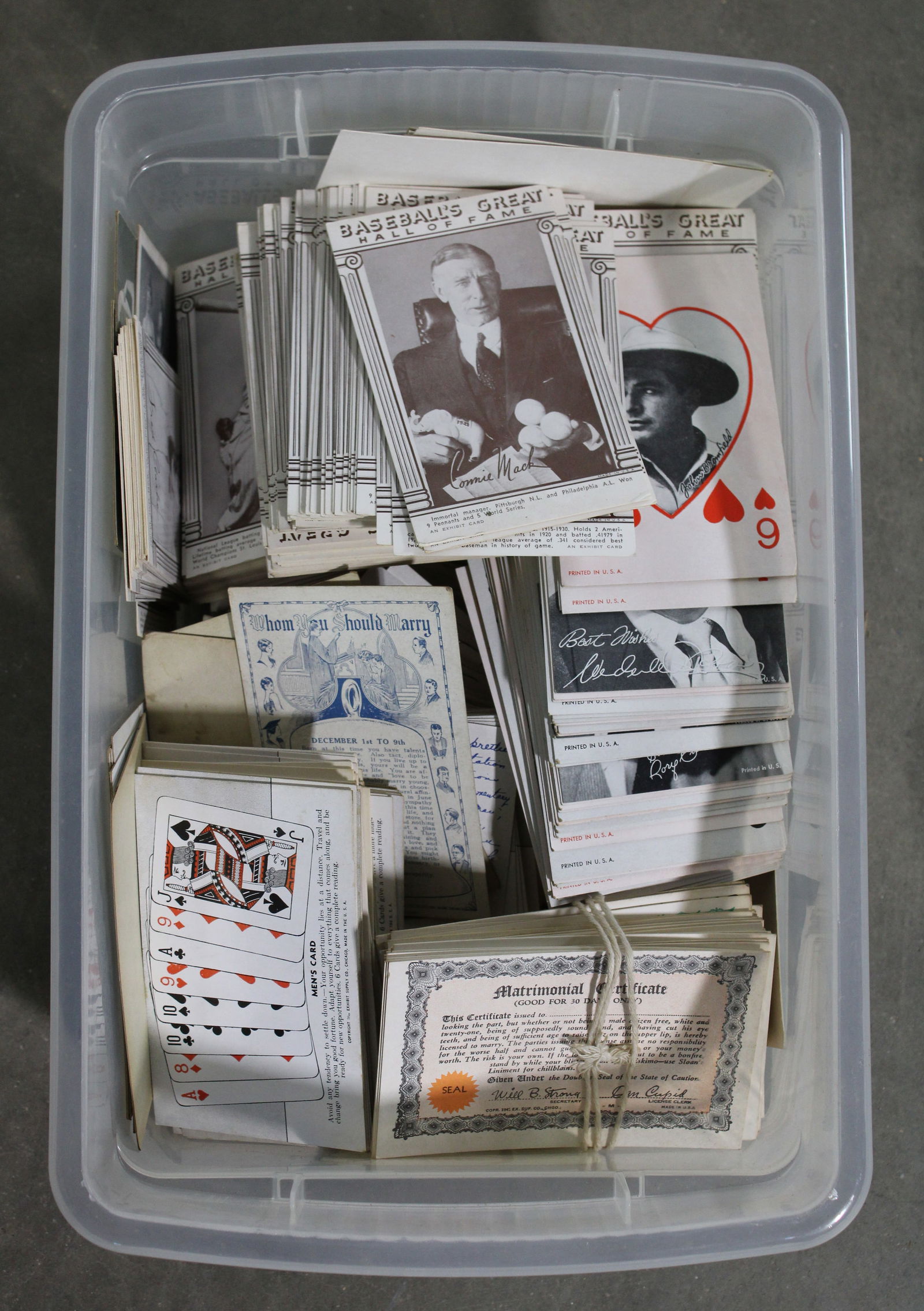 Large Lot of Exhibit Supply Vendor Cards incl. Baseball Greats, Whom Should I Marry,: Also includes Marriage Cert. In-house shipping available.