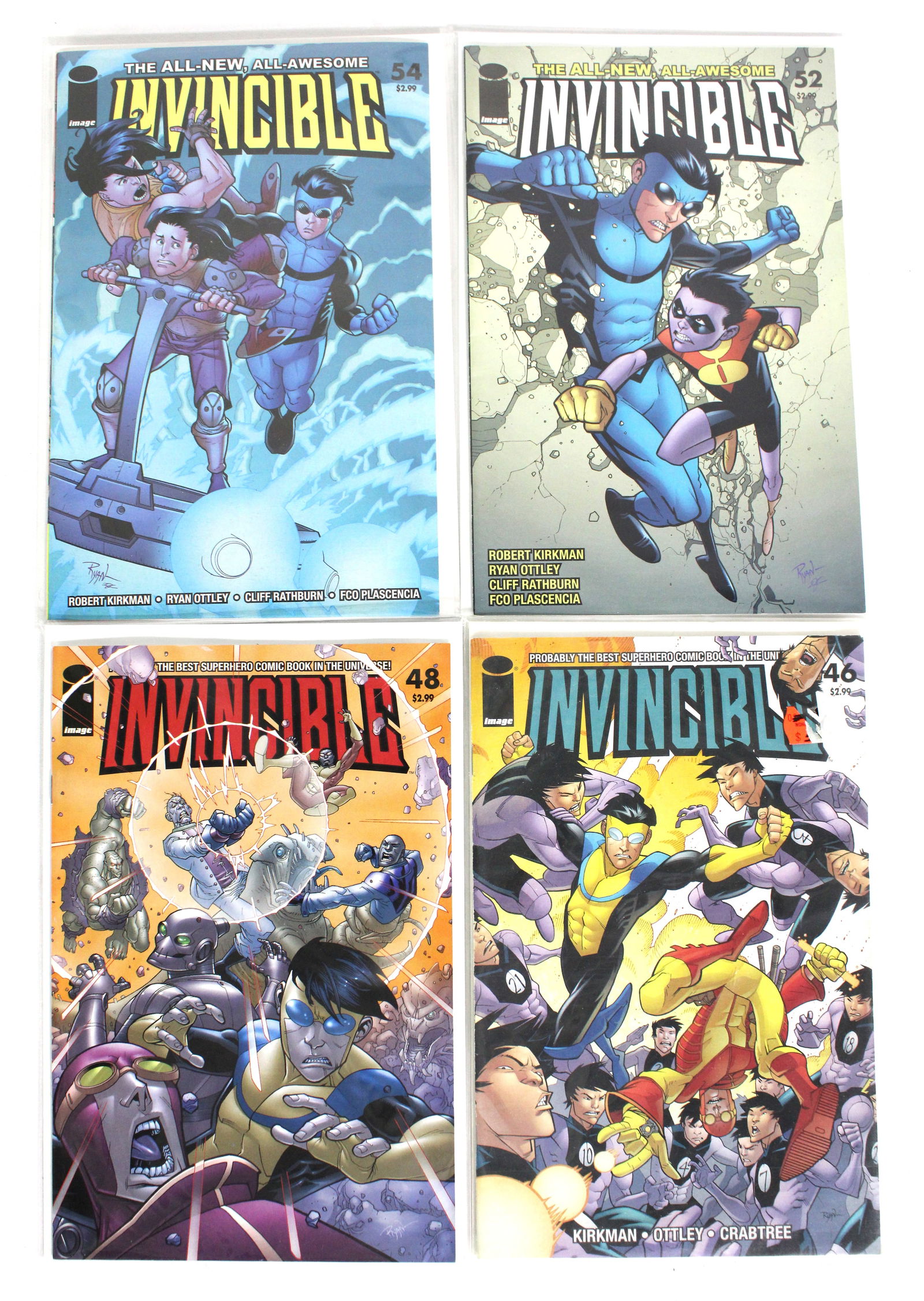 Image Comics Invincible Issues 46, 48, 52 & 54: Total of 4 Issues. Assorted issues. Bagged and Boarded. Varying conditions. In-house shipping available.
