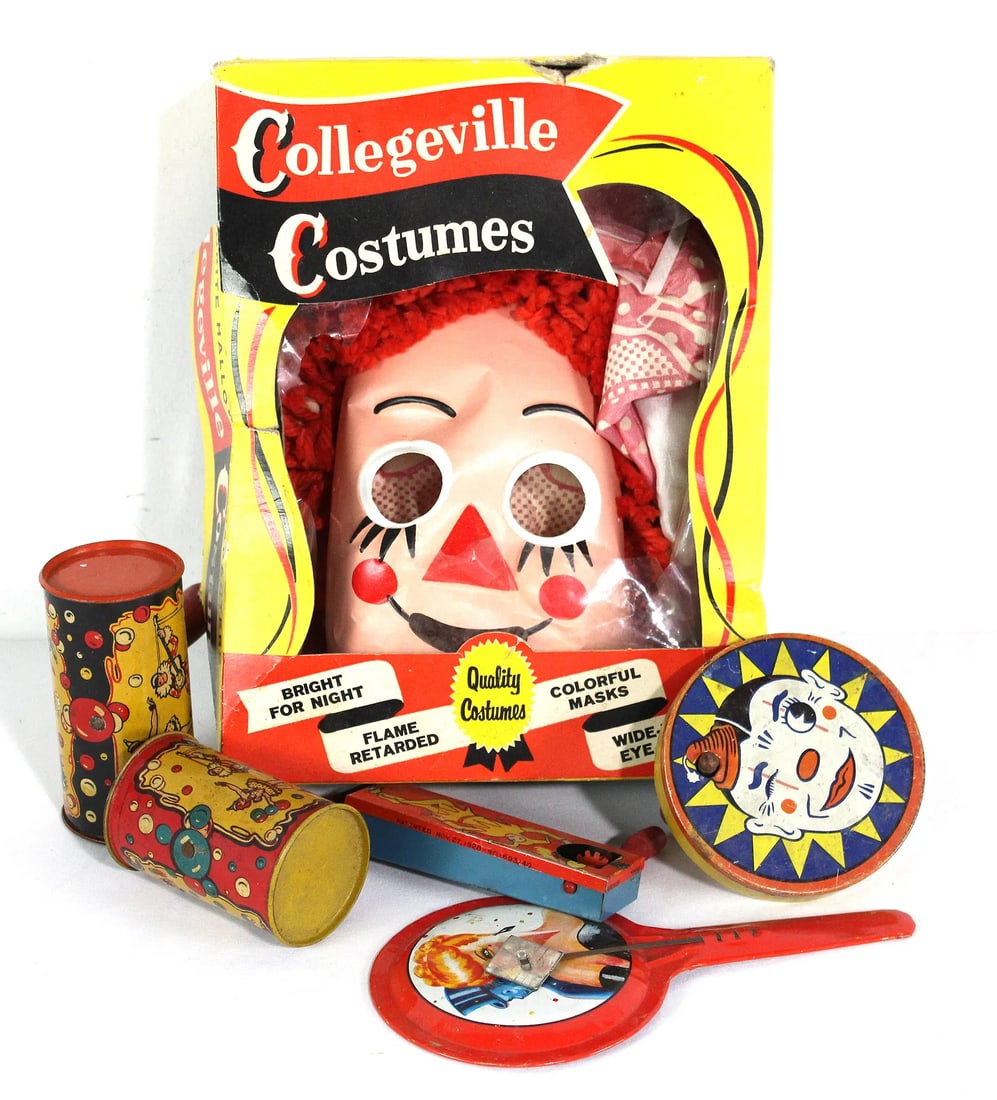 Vintage Party Noise Makers and Collegeville Rag Doll Costume: In-house shipping available.