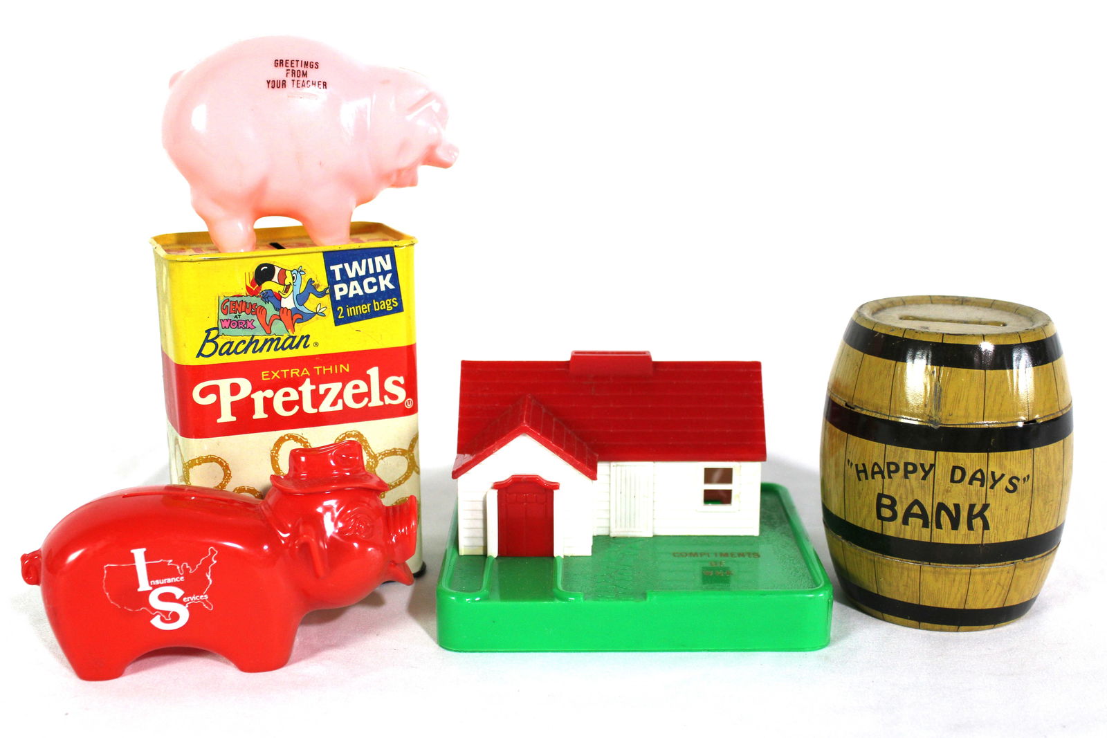 Vintage Banks incl. "Happy Days" Bank by J. Chein: Total of 5. In-house shipping available.