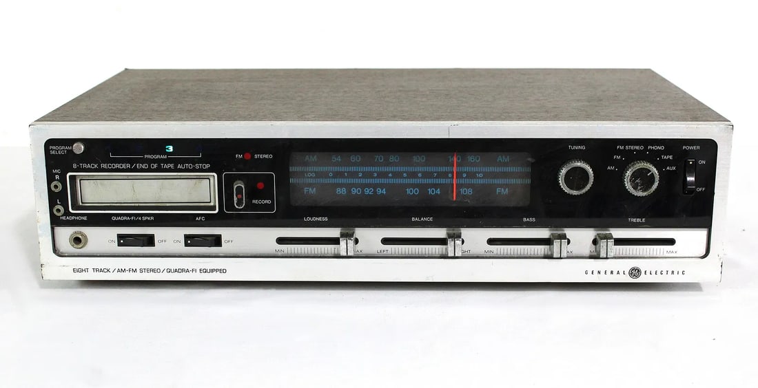 General Electric 8-Track / AM- FM Stereo, Model 9-7201A: Powers on, not otherwise tested. This item requires third-party shipping or pickup arrangements to be made.