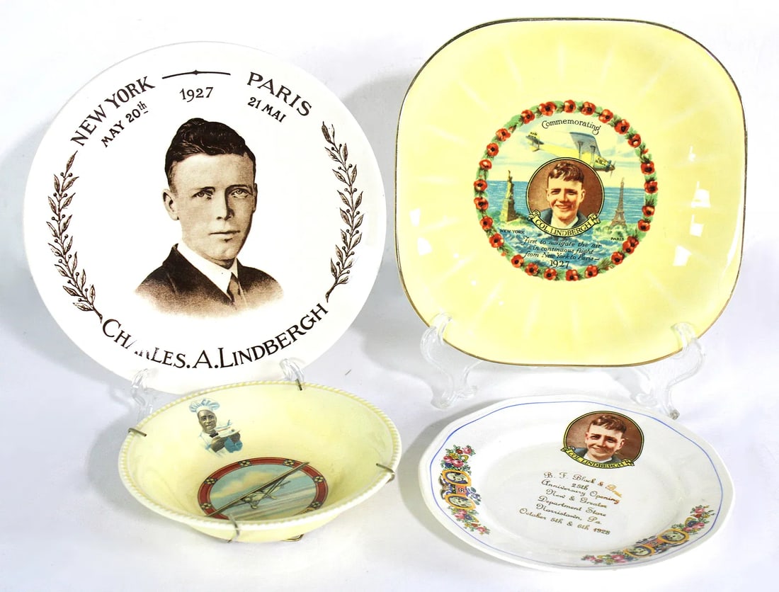 Charles Lindbergh Aviation Themed Commemorative Plates and Bowl: This item requires third-party shipping or pickup arrangements to be made.