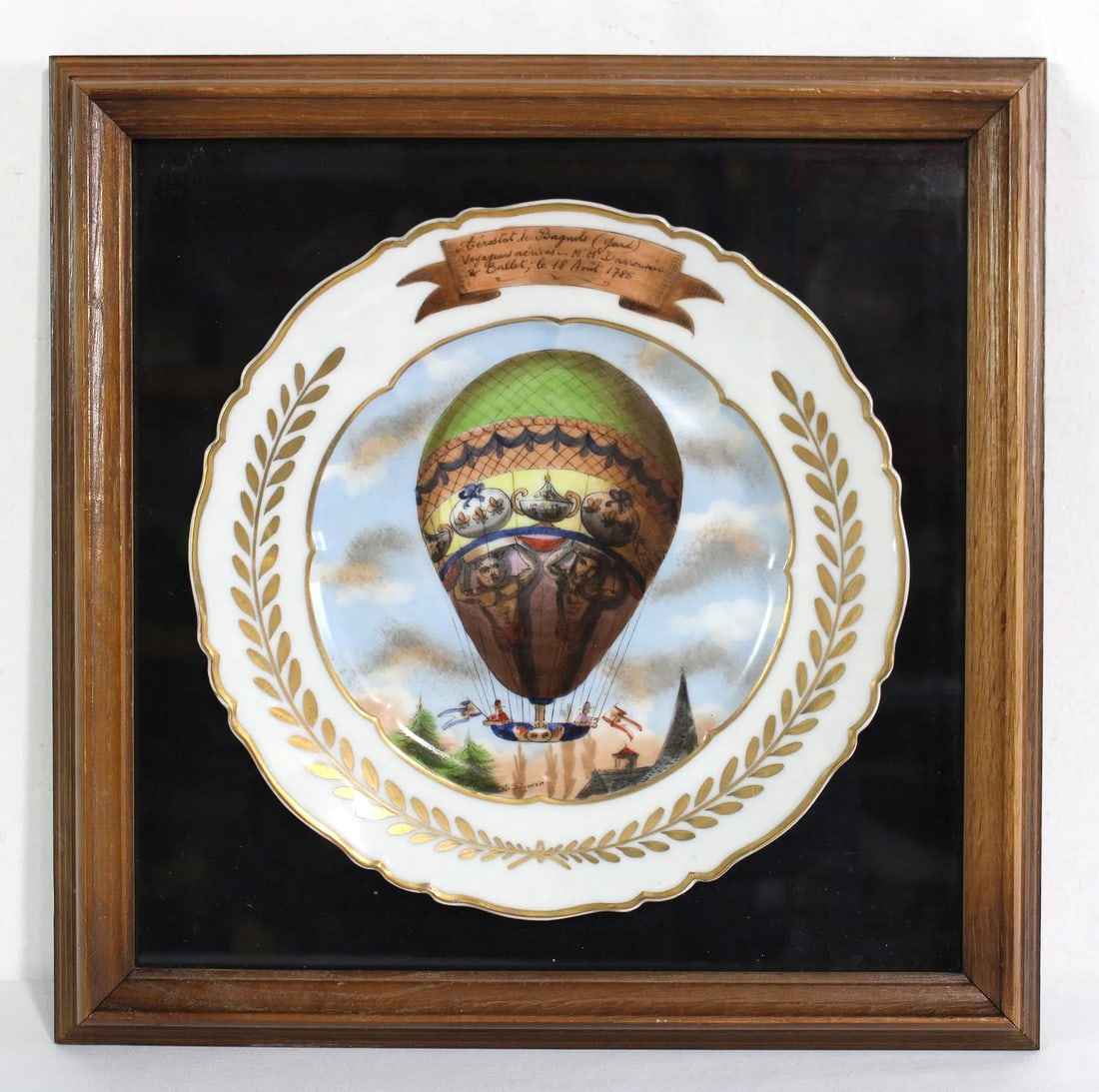 Antique French Signed Hot Air Balloon Plate, Framed: This item requires third-party shipping or pickup arrangements to be made.