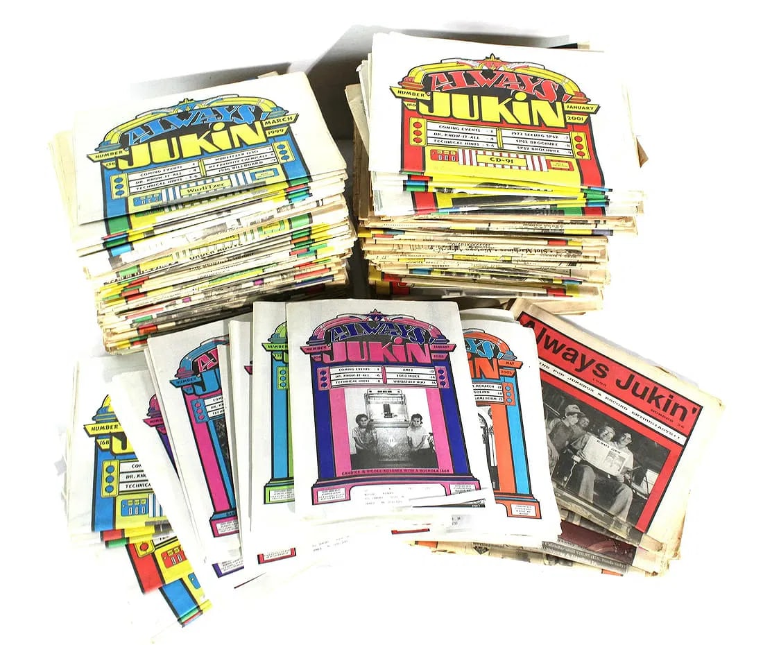 Large Collection of Always Jukin' Jukebox Newspapers: 1980s-2000s, Varying Conditions. In-house shipping available. Fits in a 16 x 16 x 16 box