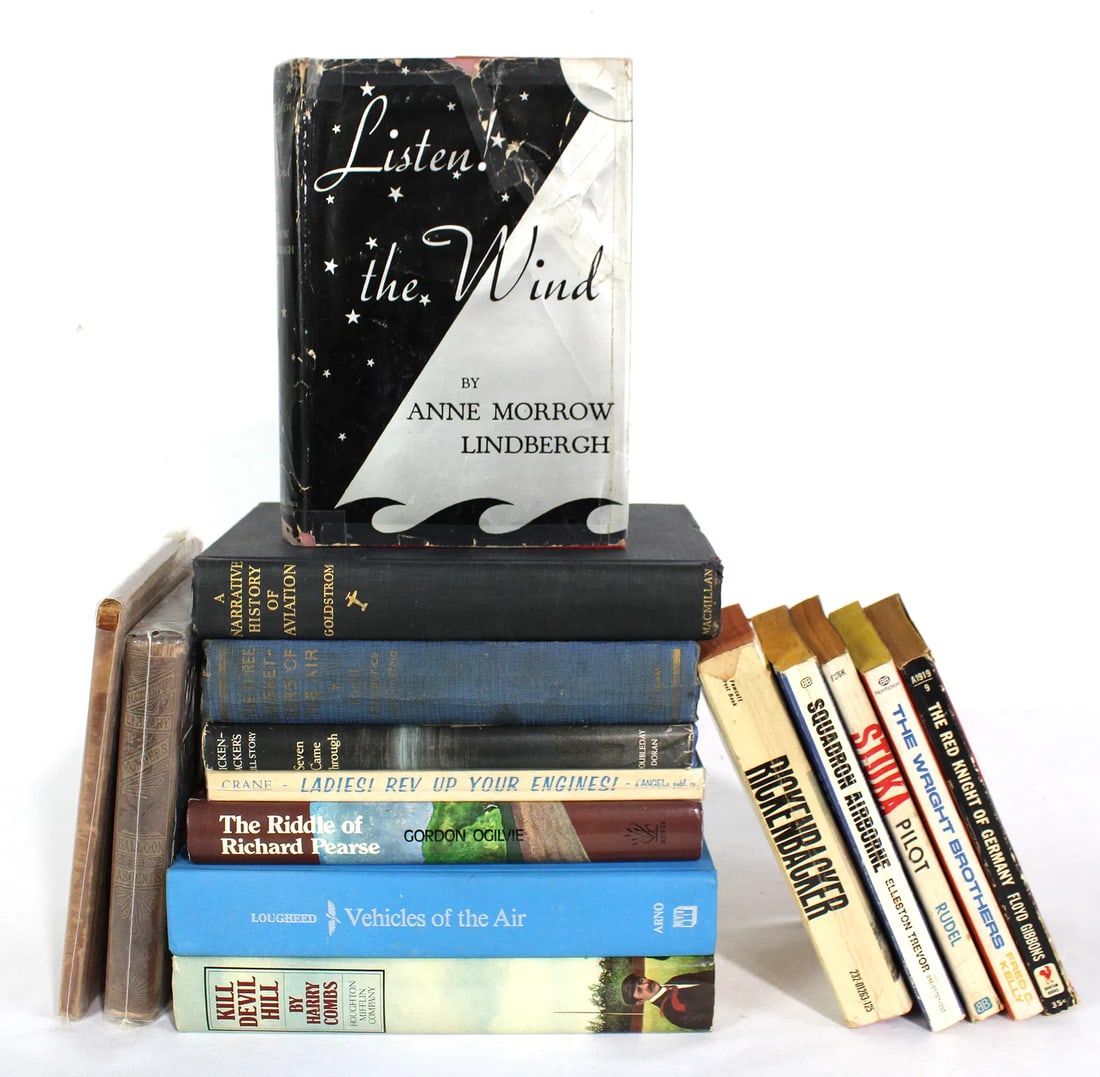 Aviation Themed Books incl. Multiple First Editions: First Editions include Listen! The Wind By Anne Morrow Lindbergh, The Three Muskateers of the Air and A Narrative History of Aviation. In-house shipping available.