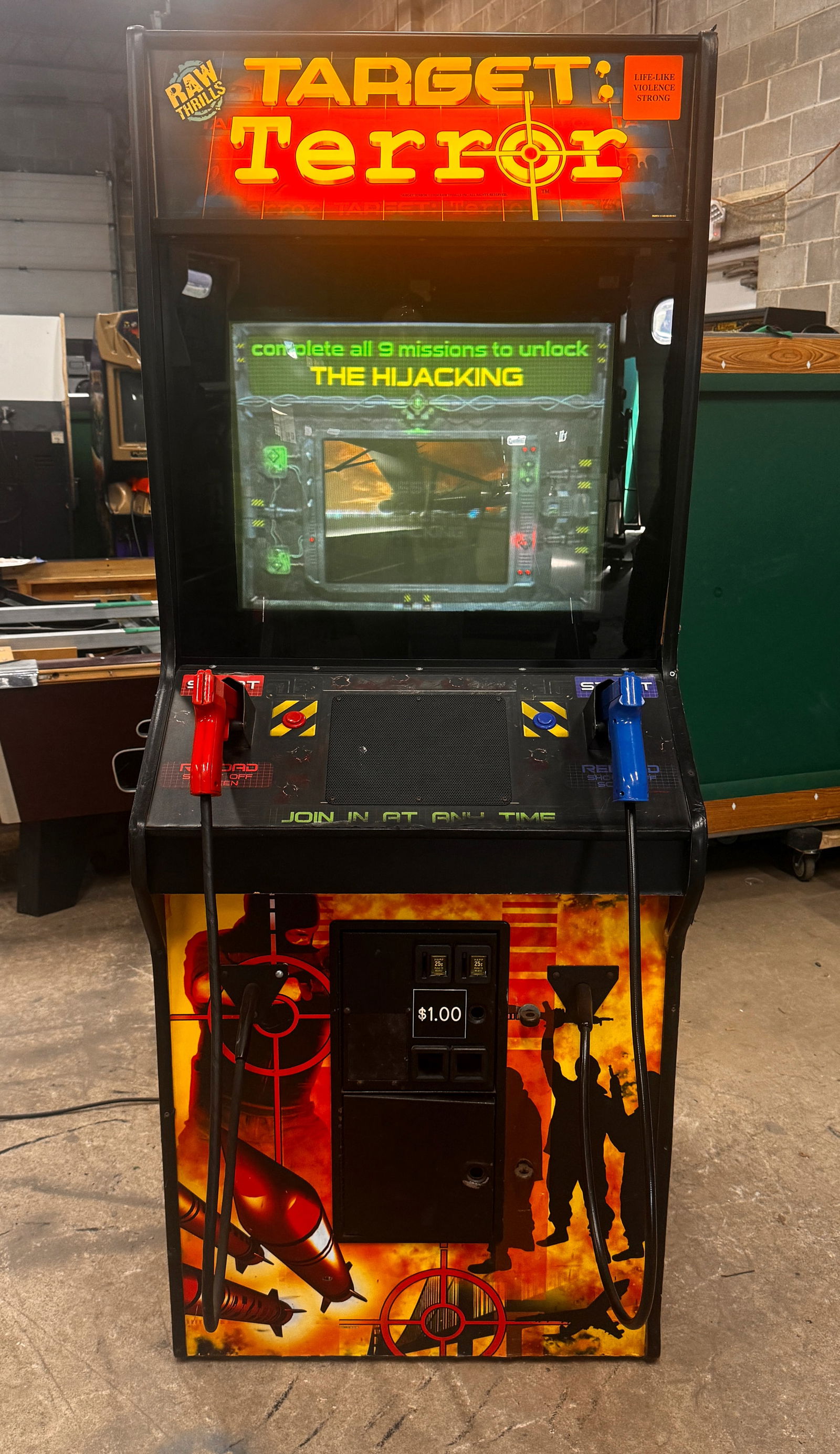Raw Thrills Target Terror Arcade Game: Working. Dimensions: 75 x 30 x 35 ***This is a remote auction in Sewell, New Jersey. Pickup or third-party shipping is required on this item. A list of suggested shippers can be found in the terms of