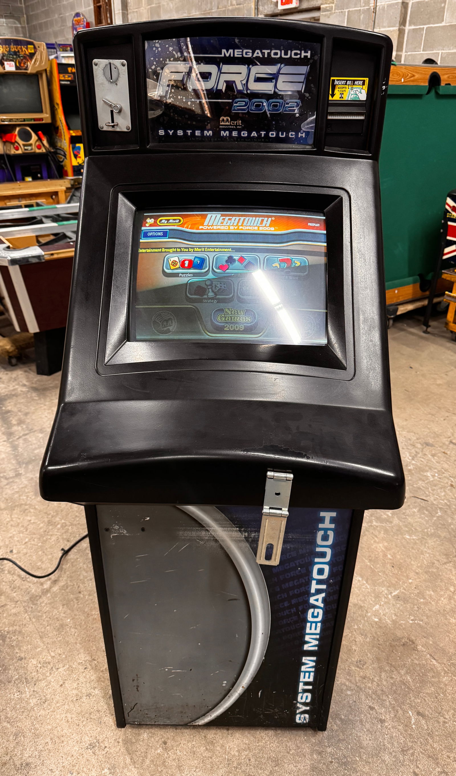 Megatouch Force 2002 Upright Touchscreen Arcade: Working. Bill acceptor not included. Dimensions: 64 x 24 x 29 ***This is a remote auction in Sewell, New Jersey. Pickup or third-party shipping is required on this item. A list of suggested shippers
