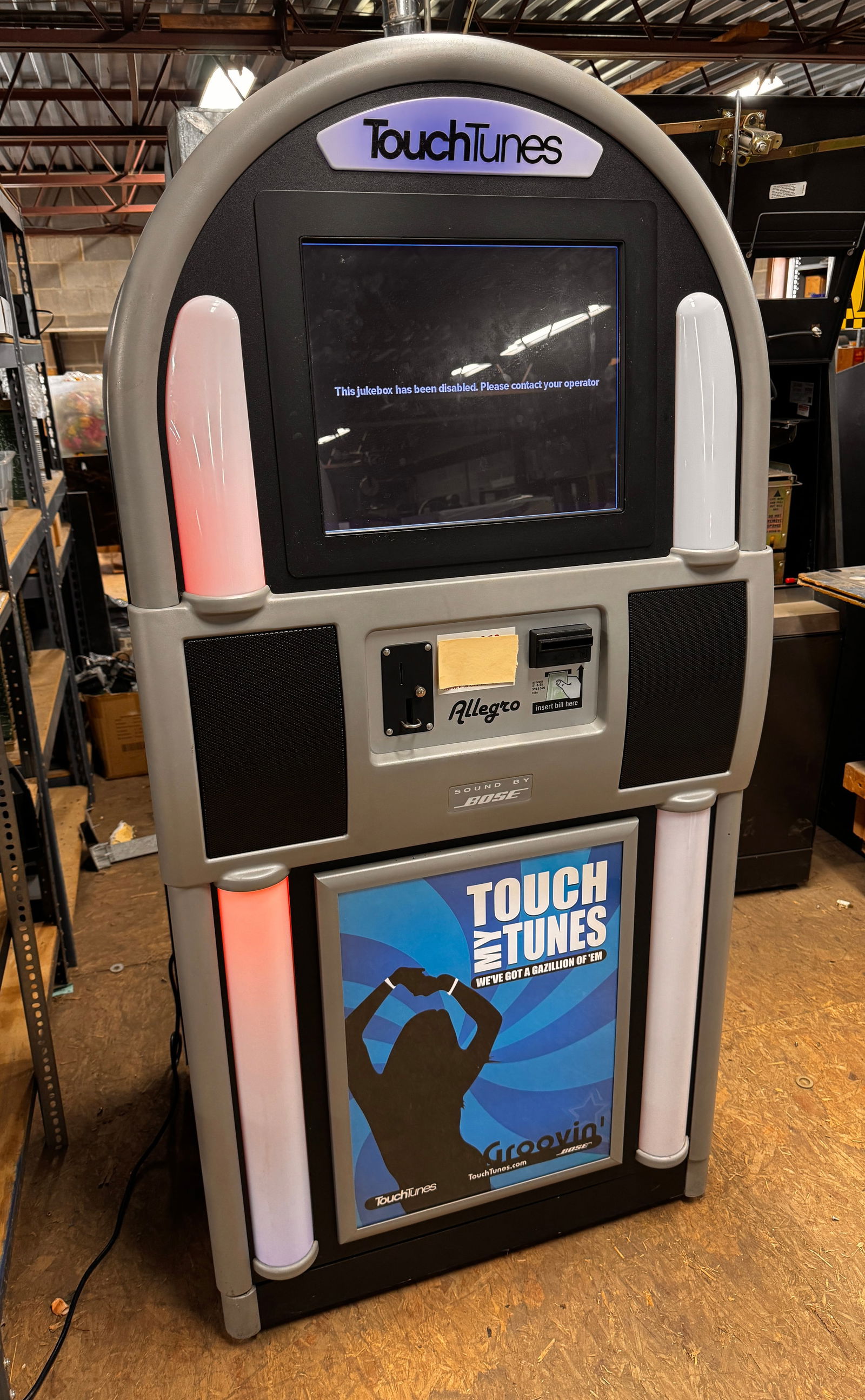 Allegro Touchtunes Internet Jukebox, Operator Only: Bill acceptor not included. Dimensions: 67 x 33 x 27 ***This is a remote auction in Sewell, New Jersey. Pickup or third-party shipping is required on this item. A list of suggested shippers can be